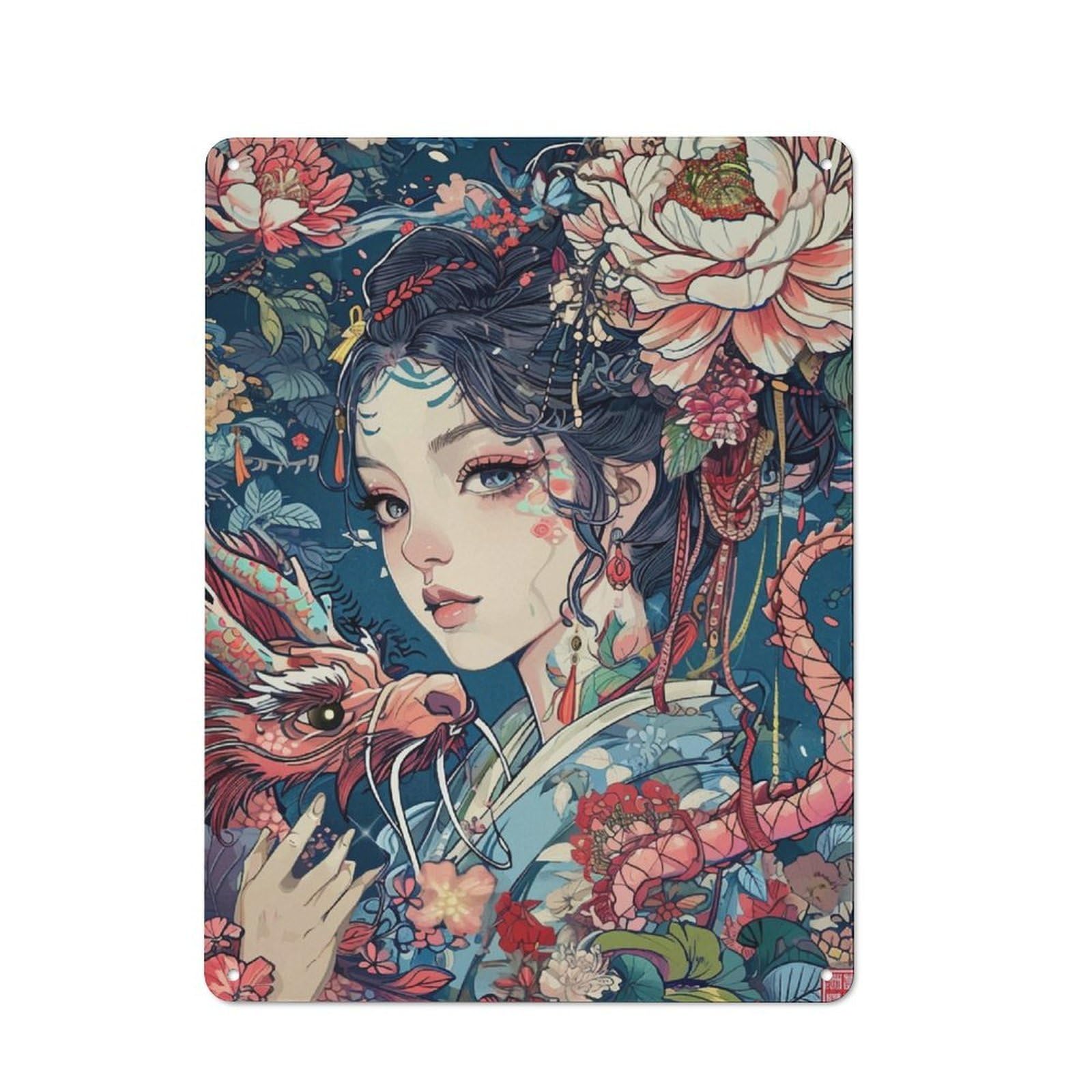 Junmoney Geisha Dragon Japanese Rustic Tin Sign 40X30cm Featuring For Garage Or Workshop, For Updating Garage And Workshop After Moving