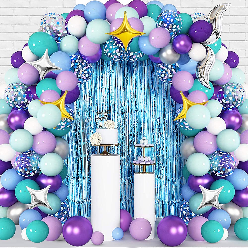Mermaid Balloon Arch Kits, HOUSTAR Mermaid Tail Birthday Balloon Garland Kit, Mermaid Party Decorations with Foil Fringe Curtain Star Foil Balloons for Mermaid Ocean Theme Birthday Party