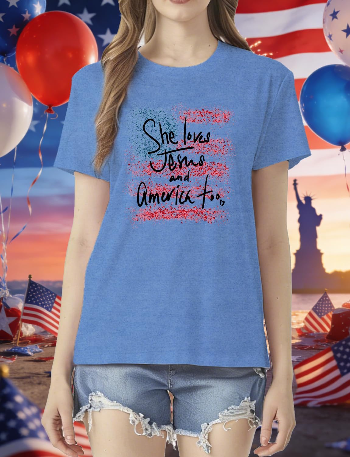 Loves Jesus and America Too Shirt Women USA 4th of July Christian Tee image 2