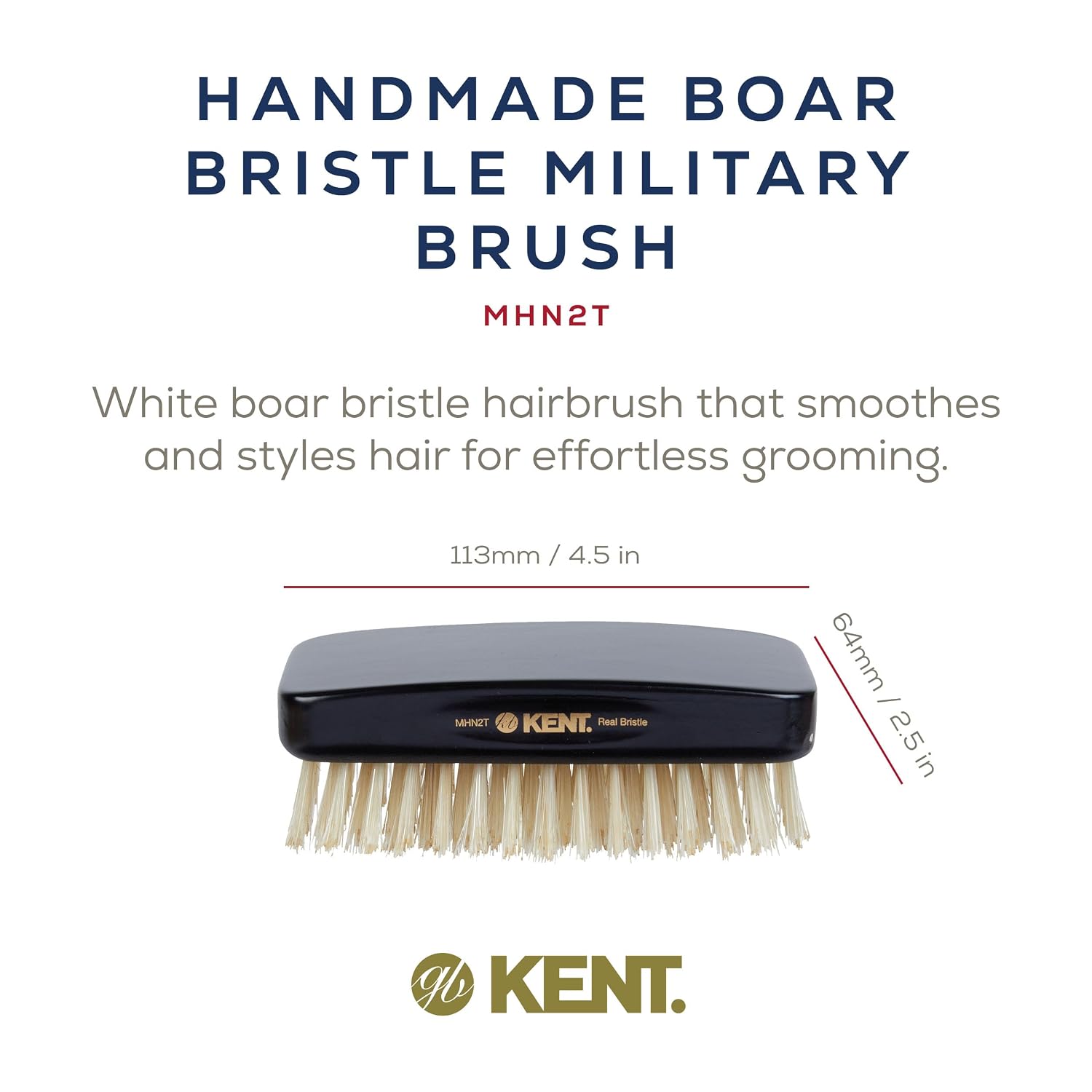 Kent MHN2T Men's luxury Military Style Ebony Wood Wire-Laid WhitePure Boar Bristle Brush in Silk Lined Presentation Case. Mens Grooming Scalp Brush For Thick Hair Daily Grooming. Handmade in England