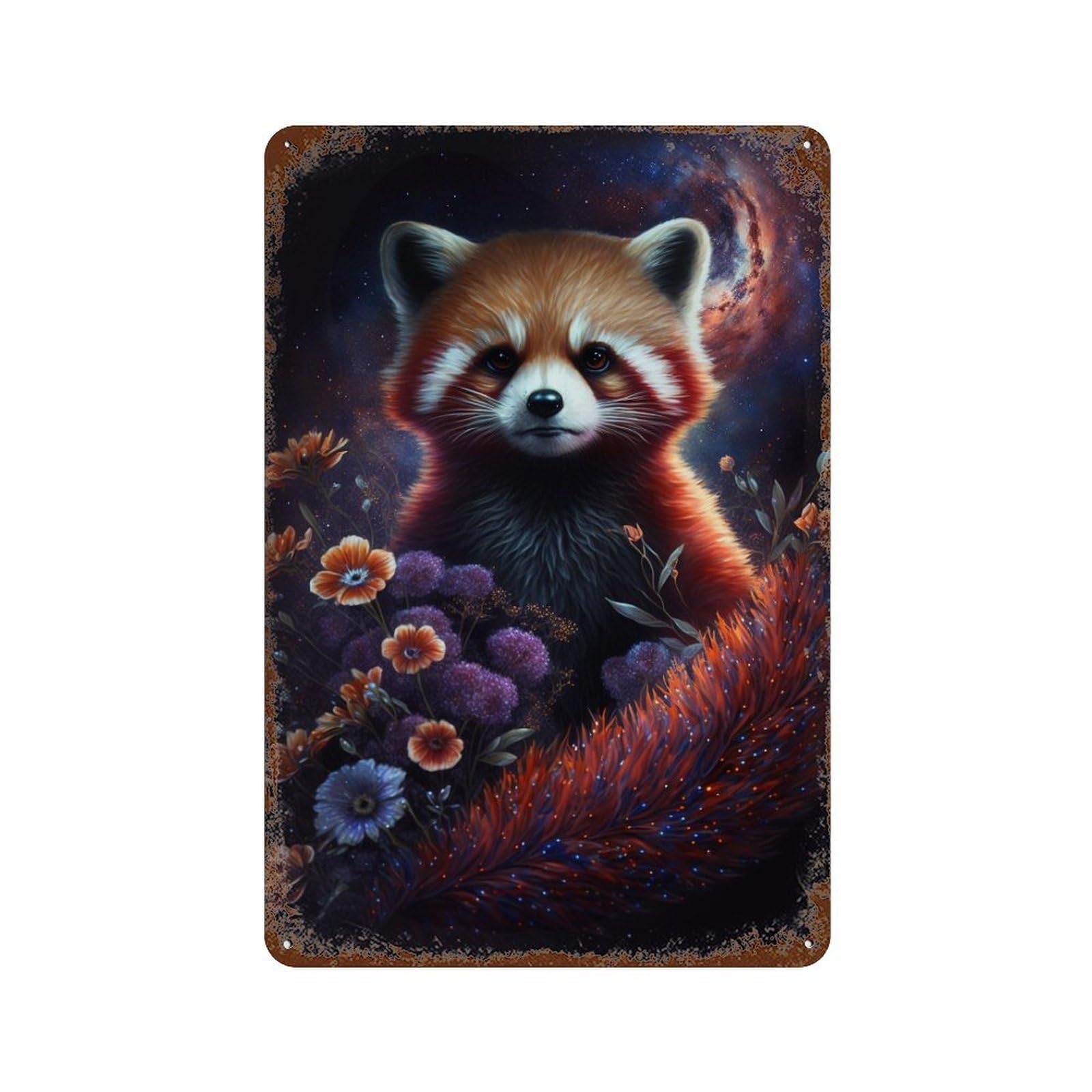 Red Panda with Flowers in Space Distressed Metal Wall Sign 11.8"x7.9", Rustic Home Decor for Living Room, Hallway And Home Decor