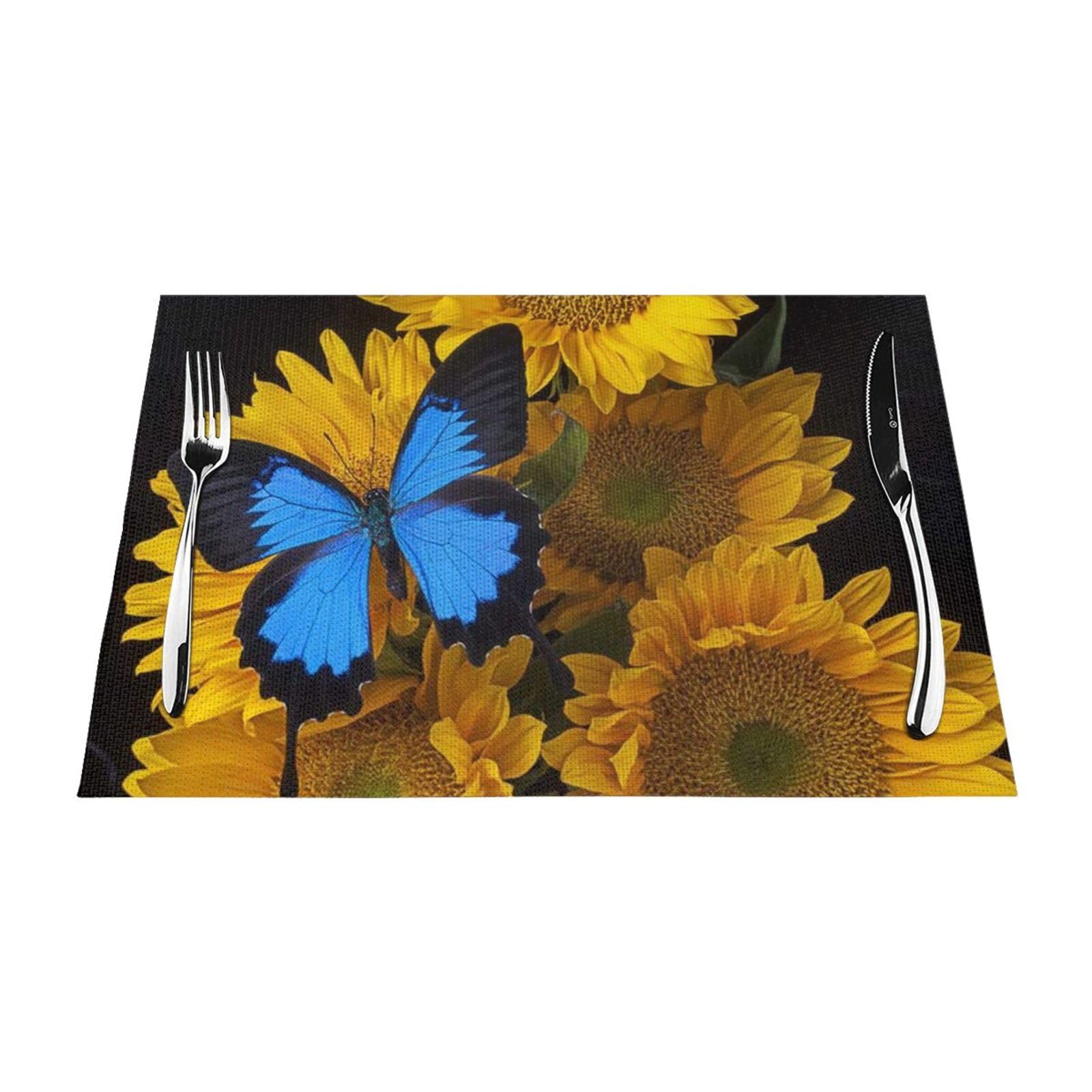 PVC Placemat Set of 1 PCS, 45x30 CM, Yellow Sunflowers with Blue Butterflies Printed Non-Slip Heat Resistant Place Mats for Kitchen Dining Table Indoor Outdoor