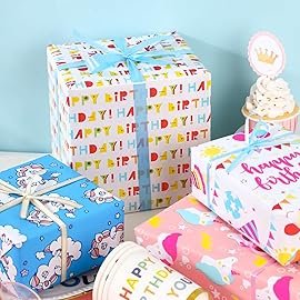 WRAPAHOLIC Birthday Wrapping Paper Sheet - 12 Sheets Unicorn Rainbow Pony Pink Blue Design Folded Flat for Birthday, Party, Baby Showers - 19.7 Inch X 30 Inch Per Sheet