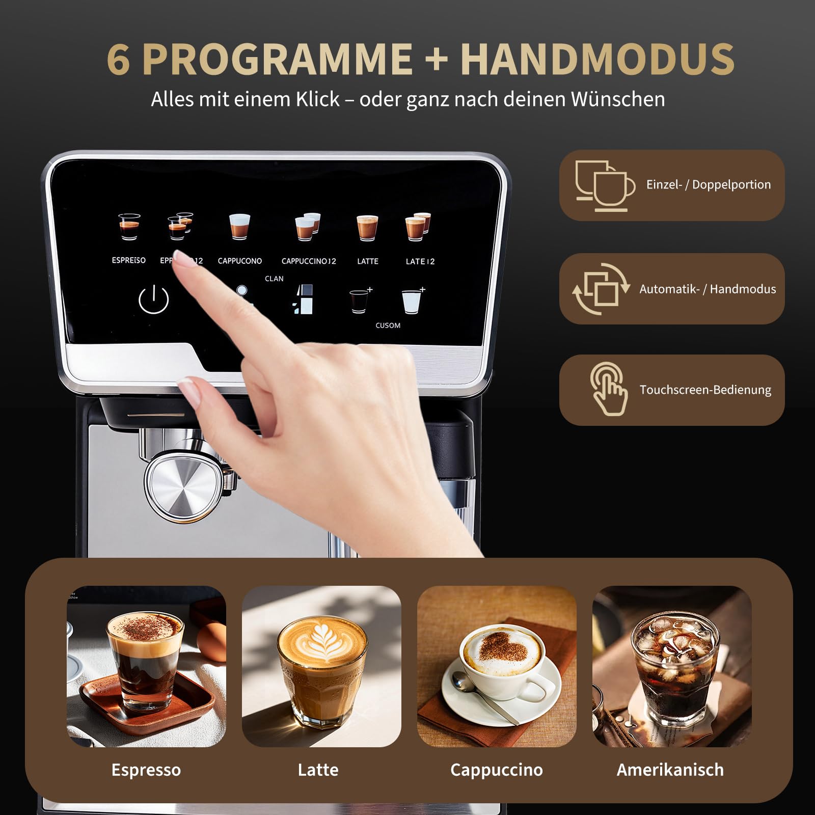 Máquina portafiltro 20 bar 1450 W, doble caldera, espumador de leche automático y autolimpieza, máquina de café espresso con depósito de agua de 2 litros, depósito de leche de 500 ml, 6 programas +