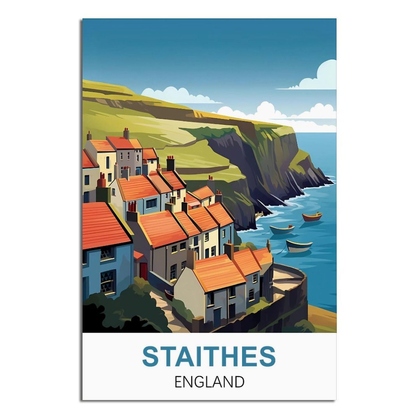 iPuzou Staithes England Vintage Travel Posters 12x18inch(30x45cm) Canvas Wall Decor, Wall Art Posters Prints Paintings Pictures for Living Room