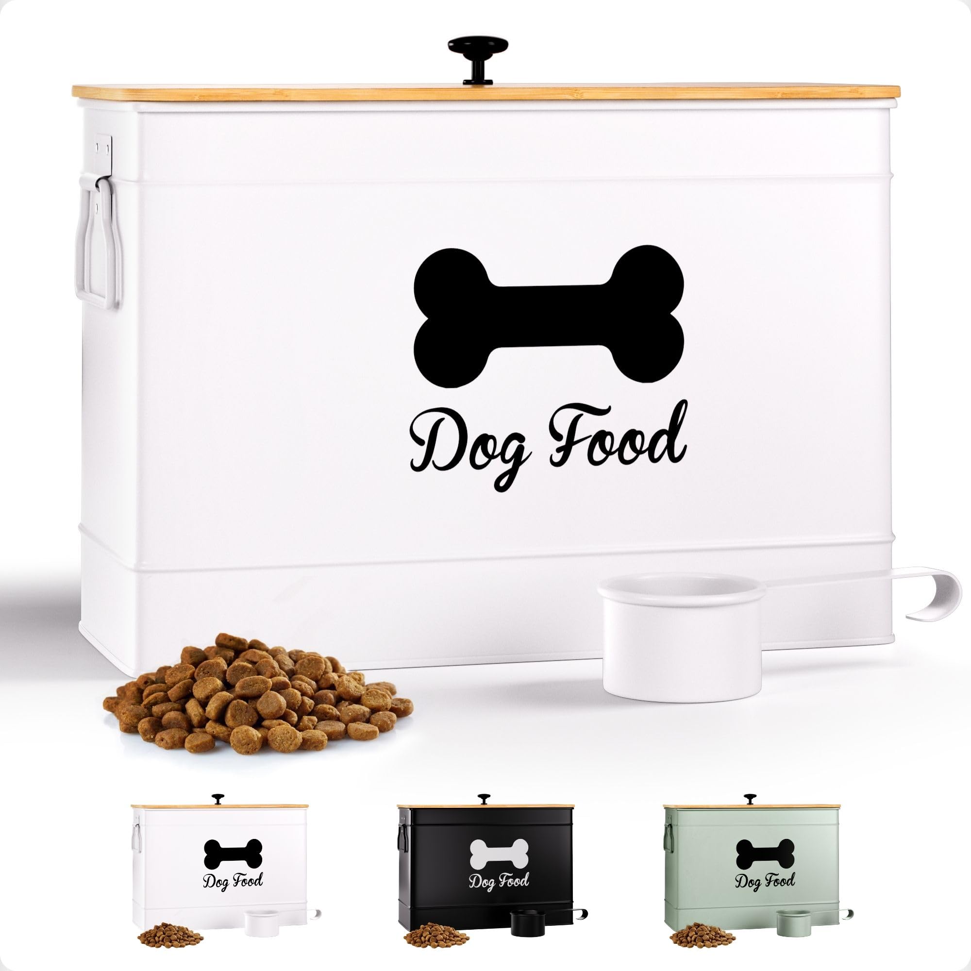 Dog Food Container Airtight 15 lb (50 Cup) Capacity with Metal Scoop - Cute Airtight Dog Food Storage Container with Bamboo Lid - White Metal Kibble