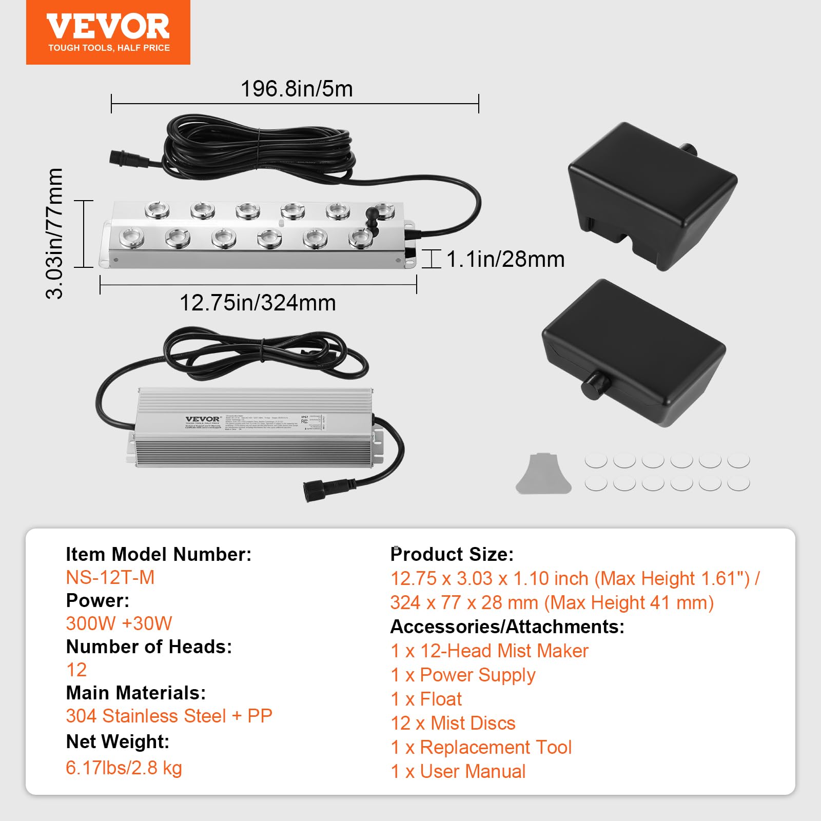VEVOR Nebulizzatore a Ultrasuoni 12 Teste, Dispositivo di Nebbia Ultrasonico da 9000 ml/h Nebulizzatore con Alimentatore Impermeabile IP67 da 300 W Boa, Dischi di Ricambio, per Laghetto, Giardino