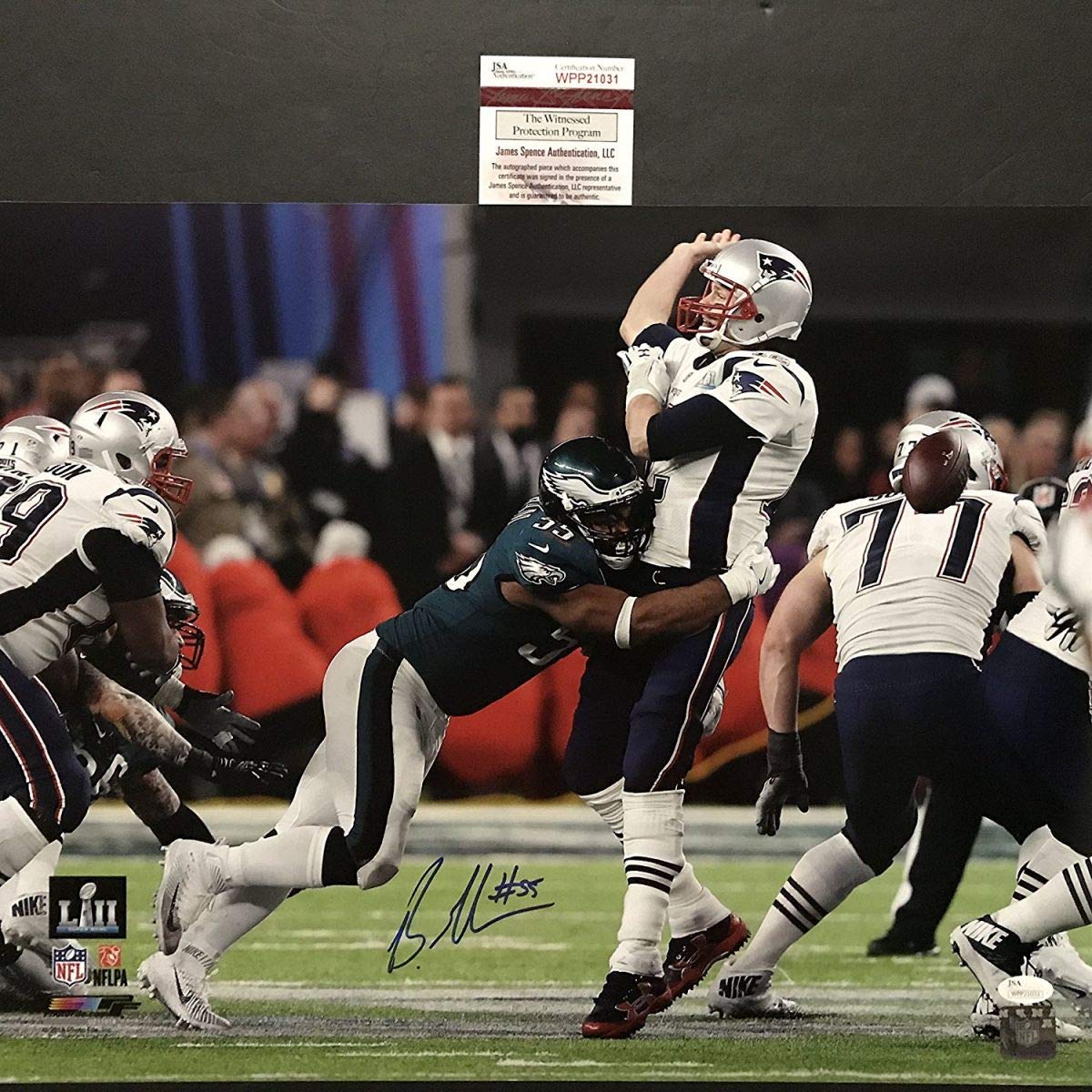 Autographed/Signed Brandon Graham Philadelphia Eagles Game Winning Strip Sack Fumble vs. Tom Brady Super Bowl LII 52 Champions 16x20 Football Photo JSA COA