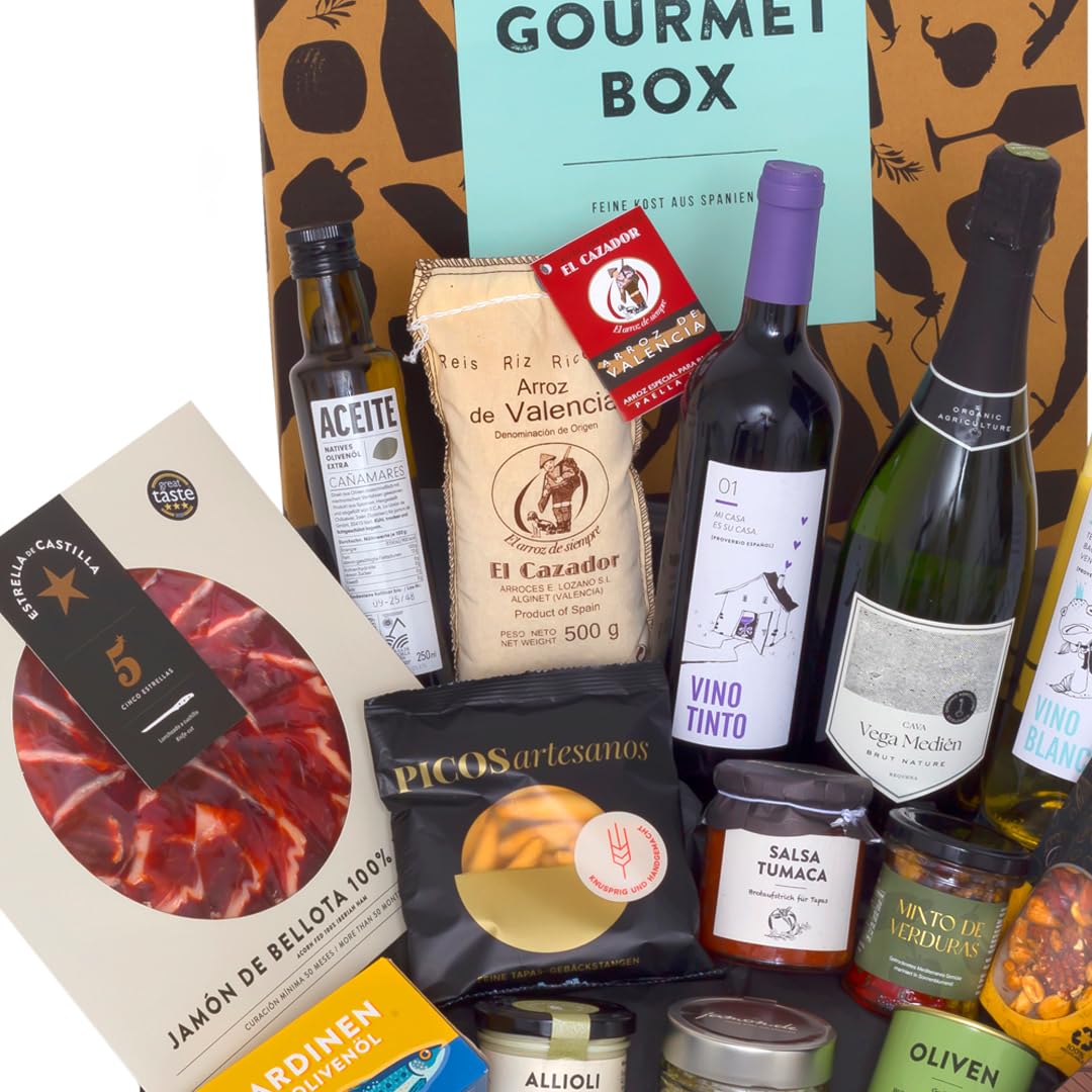 jamon.de Feinkost-Präsentkorb Gourmet mit Wein, Cava & spanischen Delikatessen Geschenkkorb
