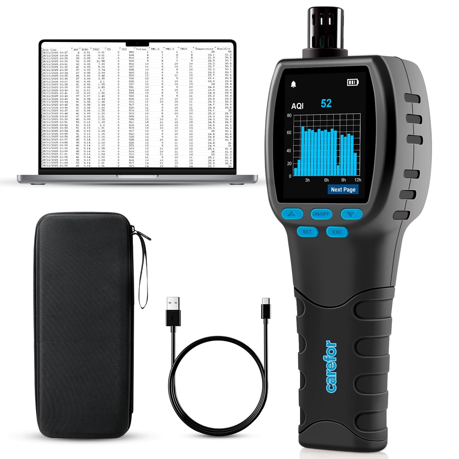CF‑60 PP Professionale qualità aria misuratore con grafici dei dati sul dispositivo e report esportabili, rilevatore portatile 16 in 1 per AQI, CO2, TVOC, HCHO, PM2.5/10/1.0, polline ecc