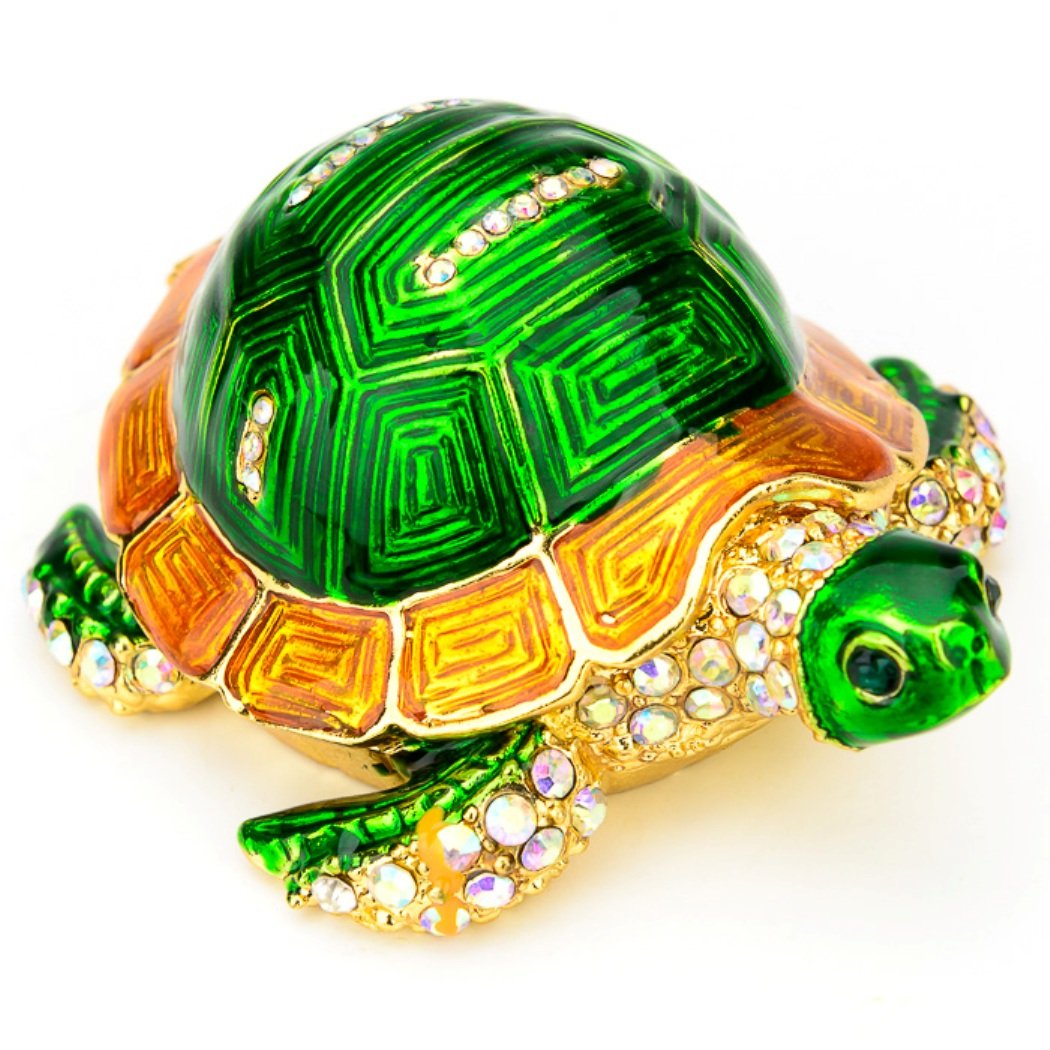 Collectible Trinket Box with Rhinestone Bejeweled Bling Crystals - Green Turtle