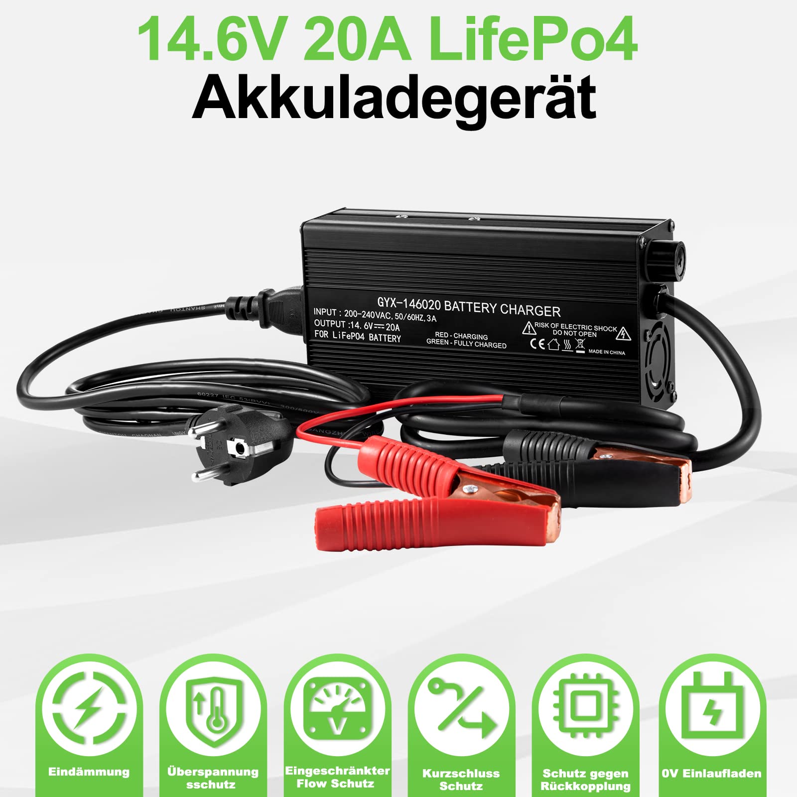 LiFePO4 Batterie Ladegerät 14.6V 20A - Für 12V 100Ah Akku, Krokodilklemmen Schnittstelle, Intelligentes Sechsfach Geschütztes Lithium Ladegerät