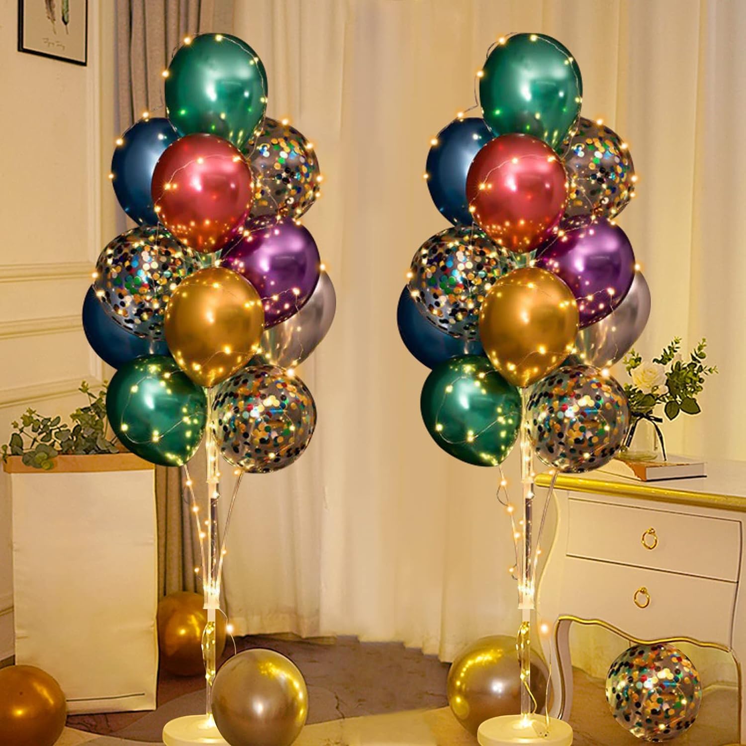 Balloon Led Stand Kit for Floor 2 Set Colorful Centerpieces Holder Decoration Kit for Floor with String Light and Balloons for Wedding Anniversary Birthday Party Christmas Ramadan (Chrome Balloons)
