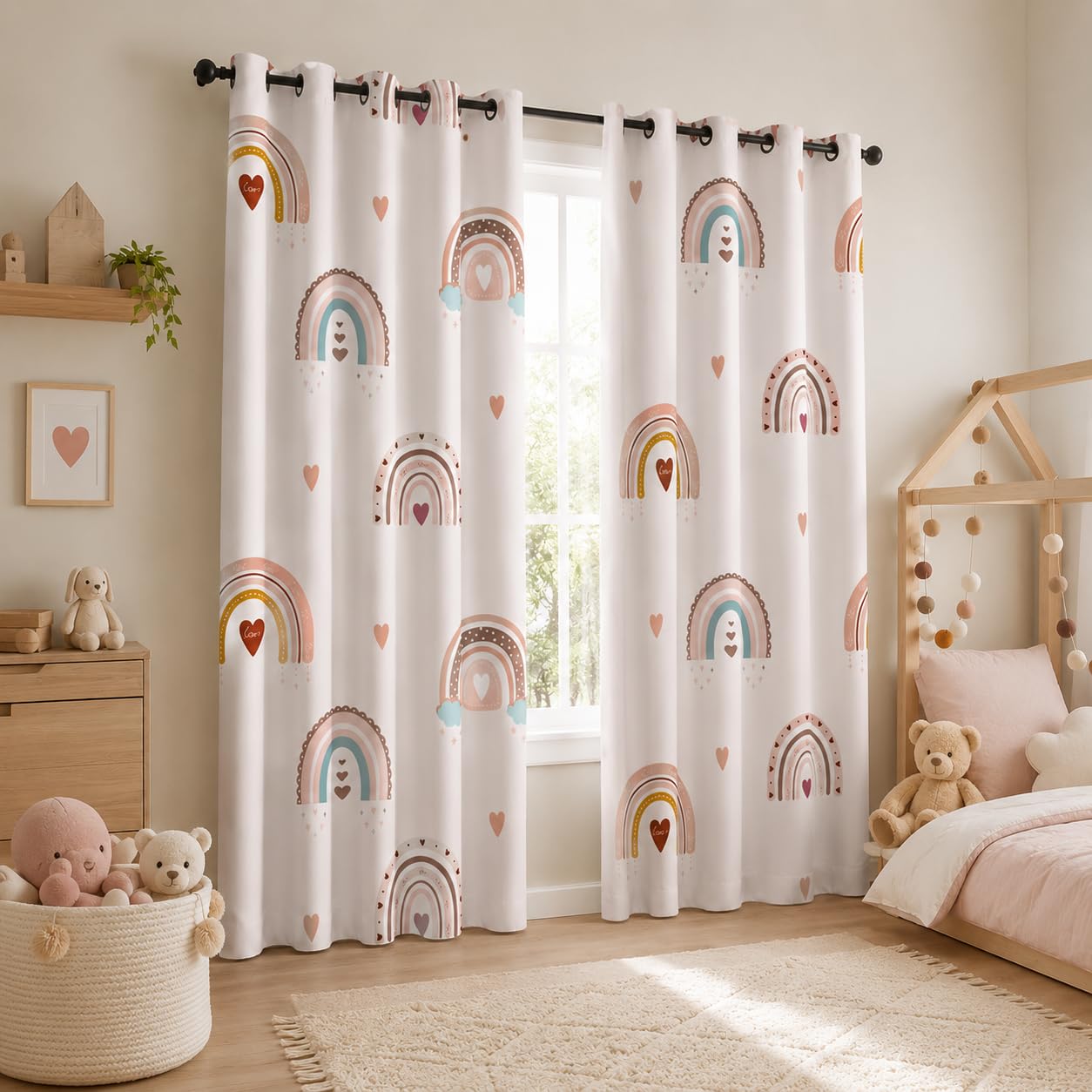 Vorhänge Regenbogen, Verdunkelungsvorhang Boho Liebesherz mit Ösen, Vorhang Blickdicht Thermovorhang für Schlafzimmer Wohnzimmer Kinderzimmer, Ombre Gardinen Deko 2er Set 160 x 100 cm (HxB) T-176