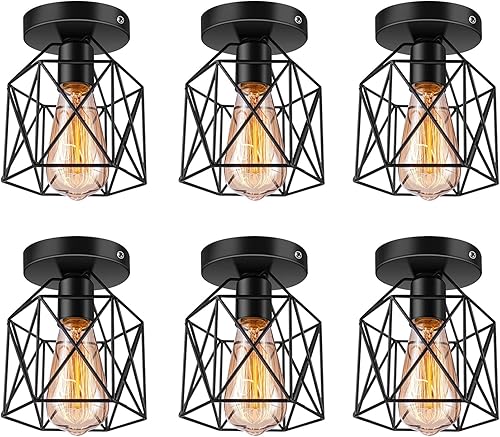 Licperron Lámpara de techo semiempotrada E26 E27 Retro Black Industrial Lámpara de techo para porche, pasillo, cocina, casa de campo, 6 unidades