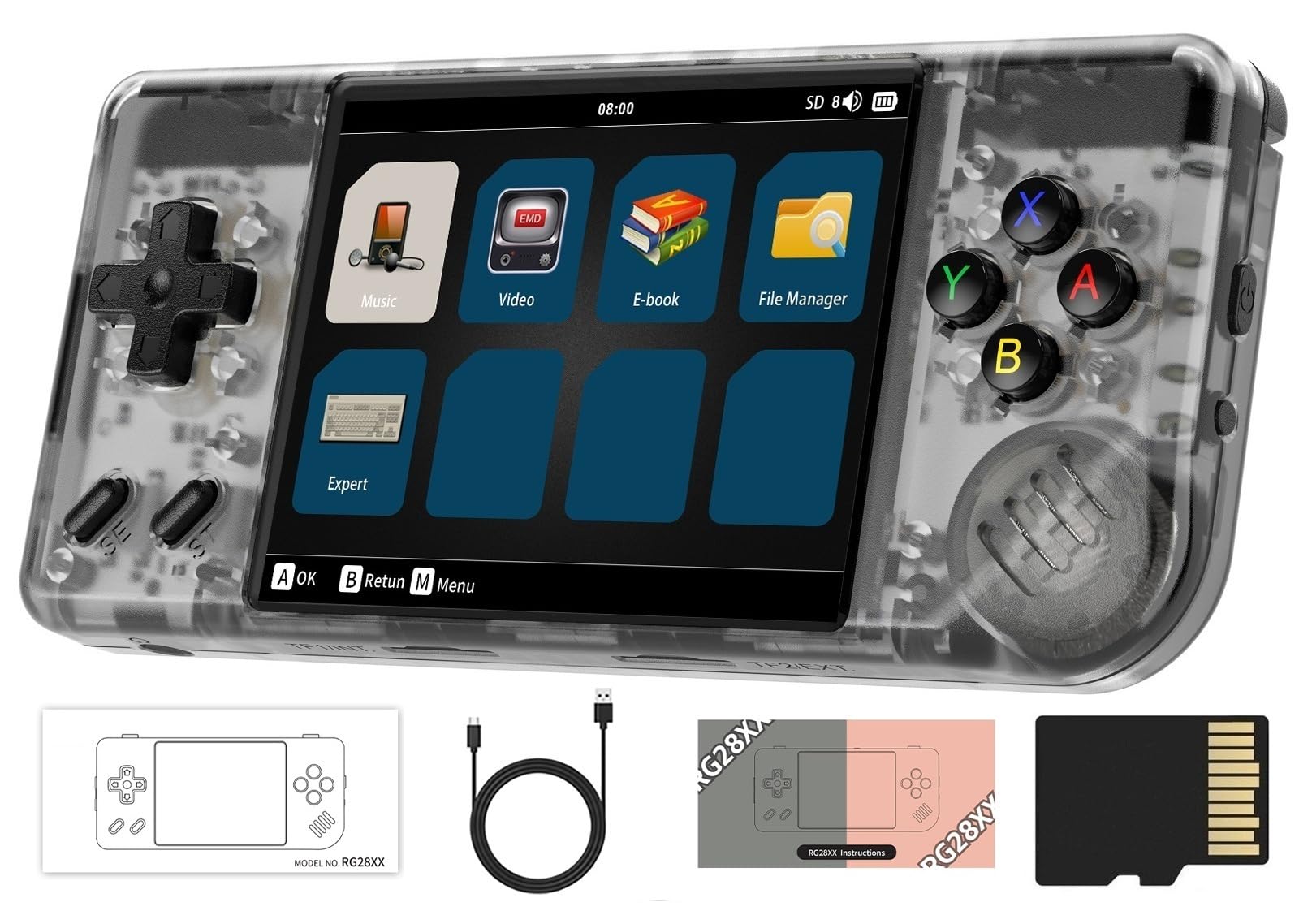 RG28XX Console di gioco portatile retrò, schermo IPS da 2,83 pollici, sistema Linux, scheda TF 64G integrata 5516, supporta applicazioni multimediali e uscita TV HDMI (nero trasparente)
