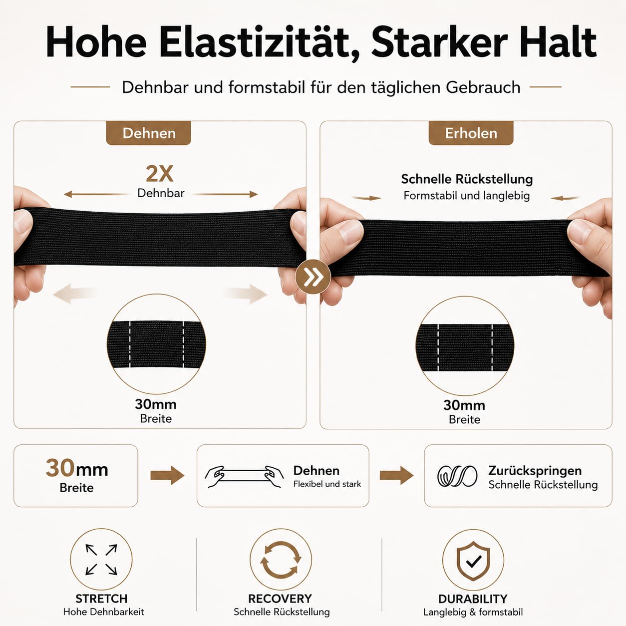 Gummiband Nähen 30 mm Breit, 20m Schwarz & Weiß Elastisches Band für Bund, Hosen, Perücken und DIY-Bastelprojekte