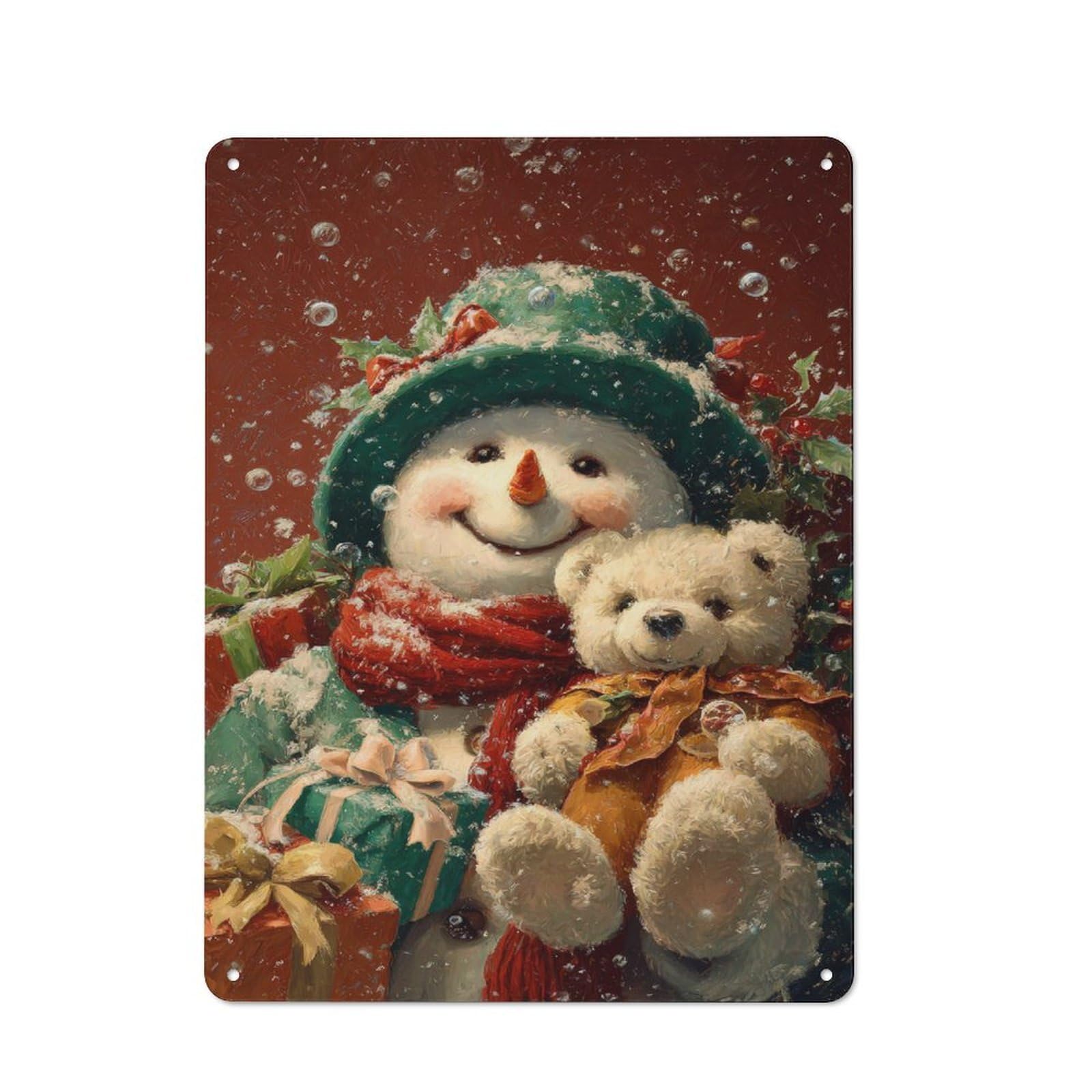 Junmoney Christmas Snowman And Teddy Bear Industrial Decorative Metal Plaque 40X30cm Featuring Urban Room Decor For Flat, Bar, Studio Or Gallery Wall