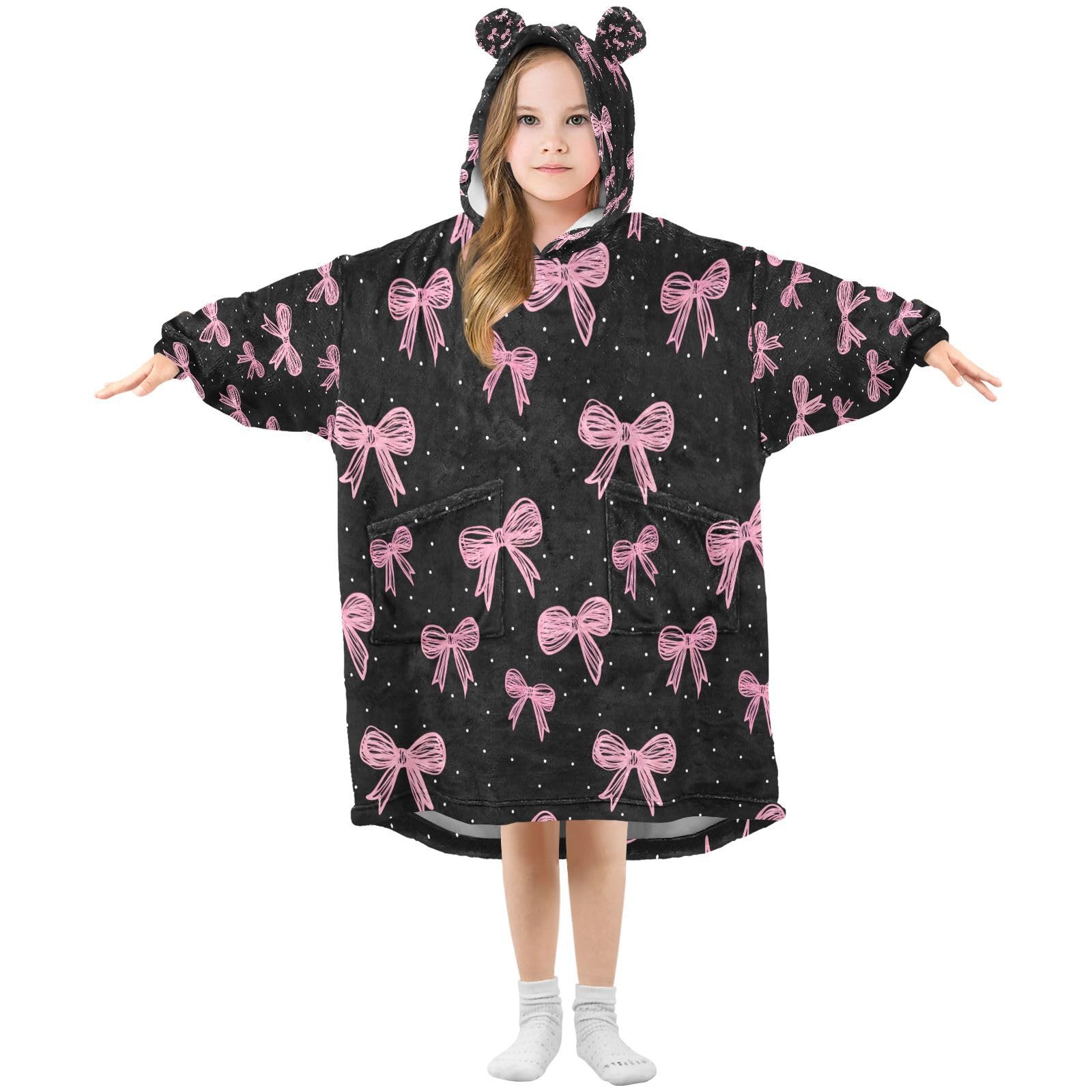 Ewusp Pink Bows Wearable Blanket Hoodie for Kids Oversized Hooded Sweatshirt Flannel Blanket with Pocket