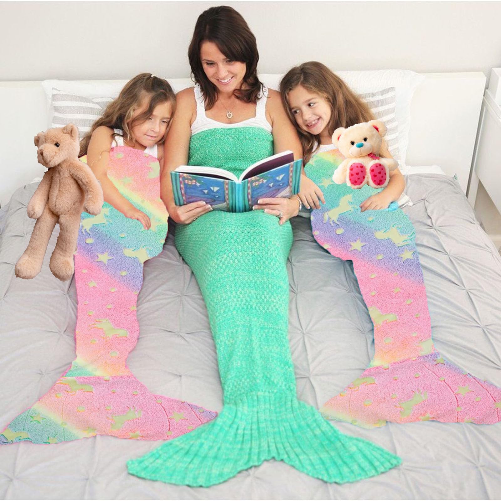 sanvpwsan Mermaid Tail Blanket for Kids Glow in The Dark Mermaid Blanket Tail for Girls Wearable Soft Flannel Fleece Sleeping Bag Blankets - Image 3