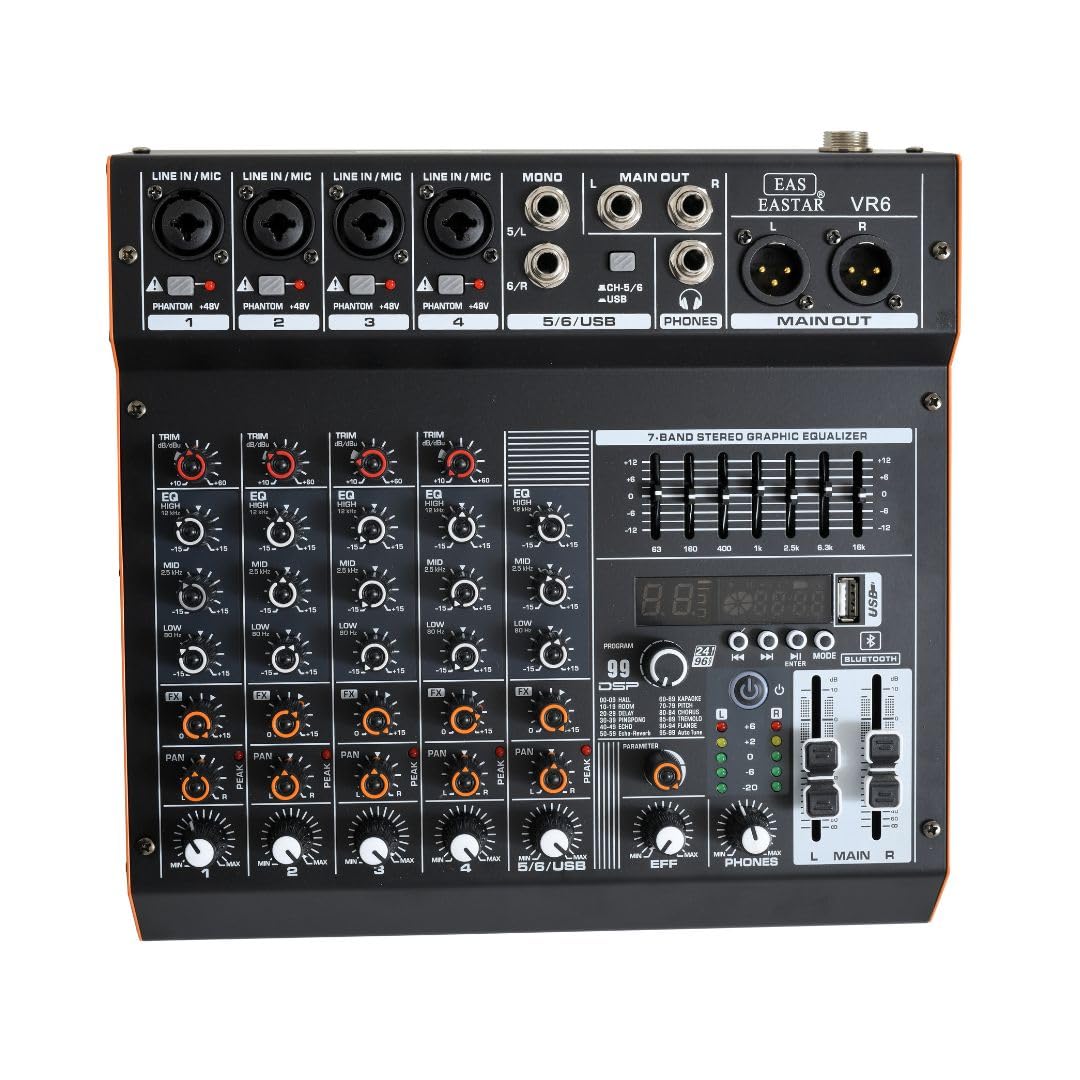 kh 6 Channel Professional Audio Mixer Console with Bluetooth USB Interface 48V Phantom Power 7 Band Stereo Graphic EQ and 99 Program DSP for Stage Live Studio Recording-picture-17