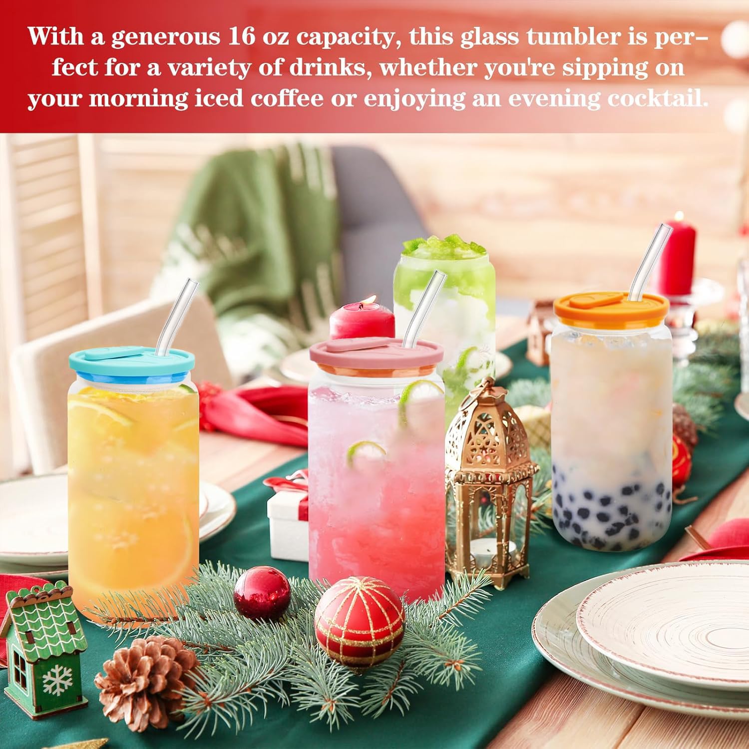 Bicchieri con Cannuccia e Coperchio,4 Pezzi Bicchiere Vetro con Cannuccia,500ML Tazza con Cannuccia,Ideali per Smoothie,Caffè,Soda,Cocktail,Whisky
