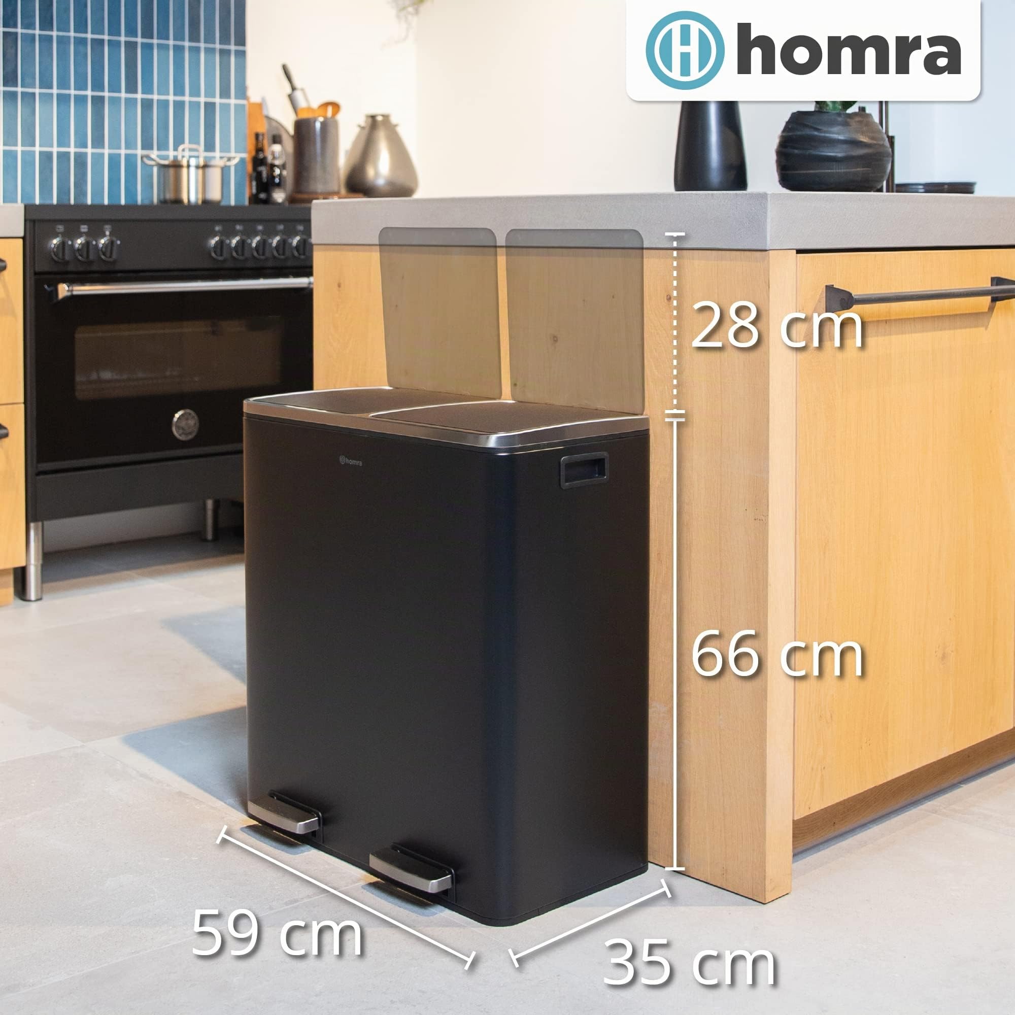Homra Mülleimer 60l Quickx | Tretmülleimer Küche 2x30 Liter | Treteimer aus Edelstahl | Abfalleimer mit Inneneimern | Trennsystem 2 Fach | Mülltrennsystem | Papierkorb | Softclose | Schwarz