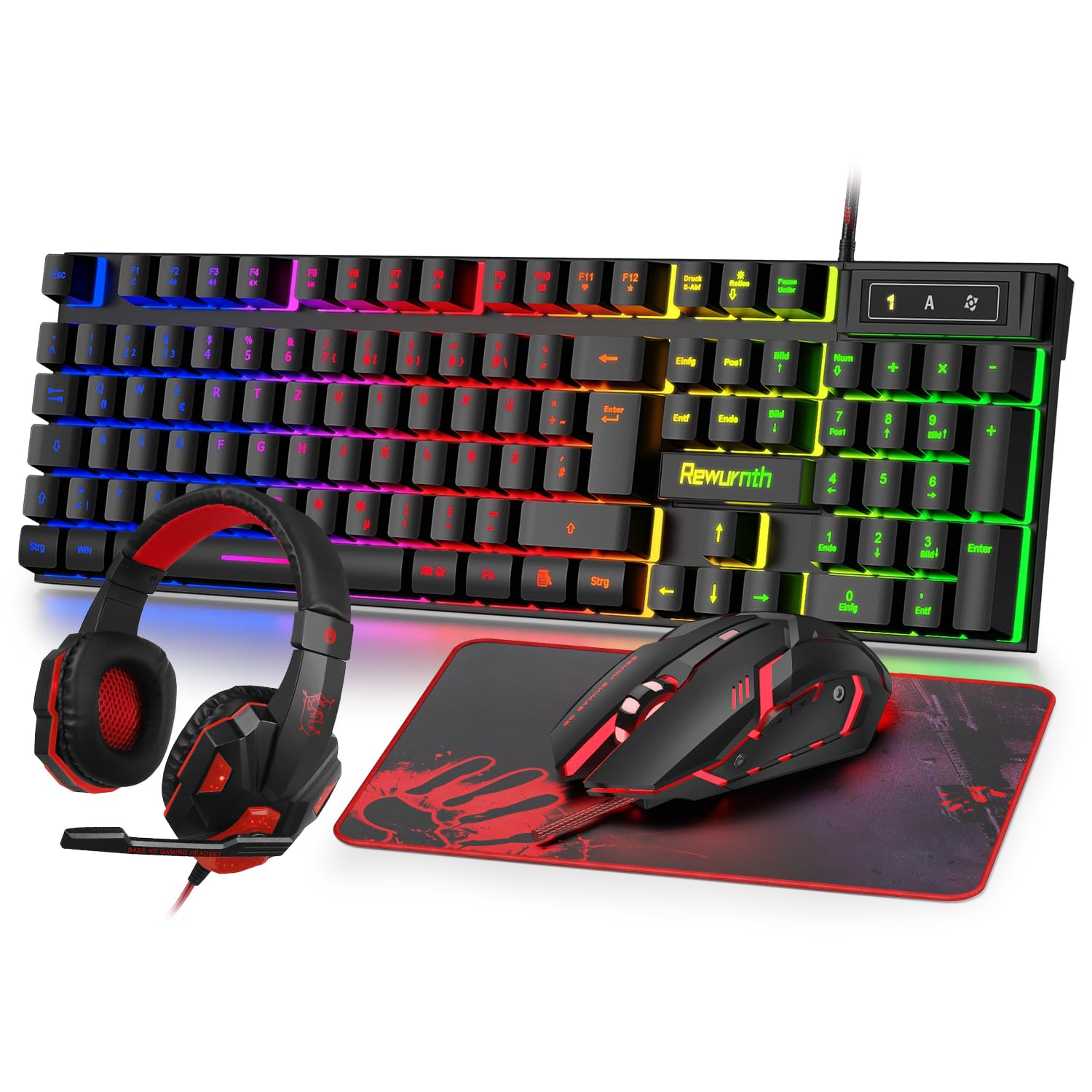 Set tastiera e mouse da gioco con cuffie, QWERTZ DE, tastiera illuminata RGB, mouse da gioco a LED, 4 colori, cuffie over-ear, grande tappetino per mouse, cavo USB per PC Mac PS5 Xbox