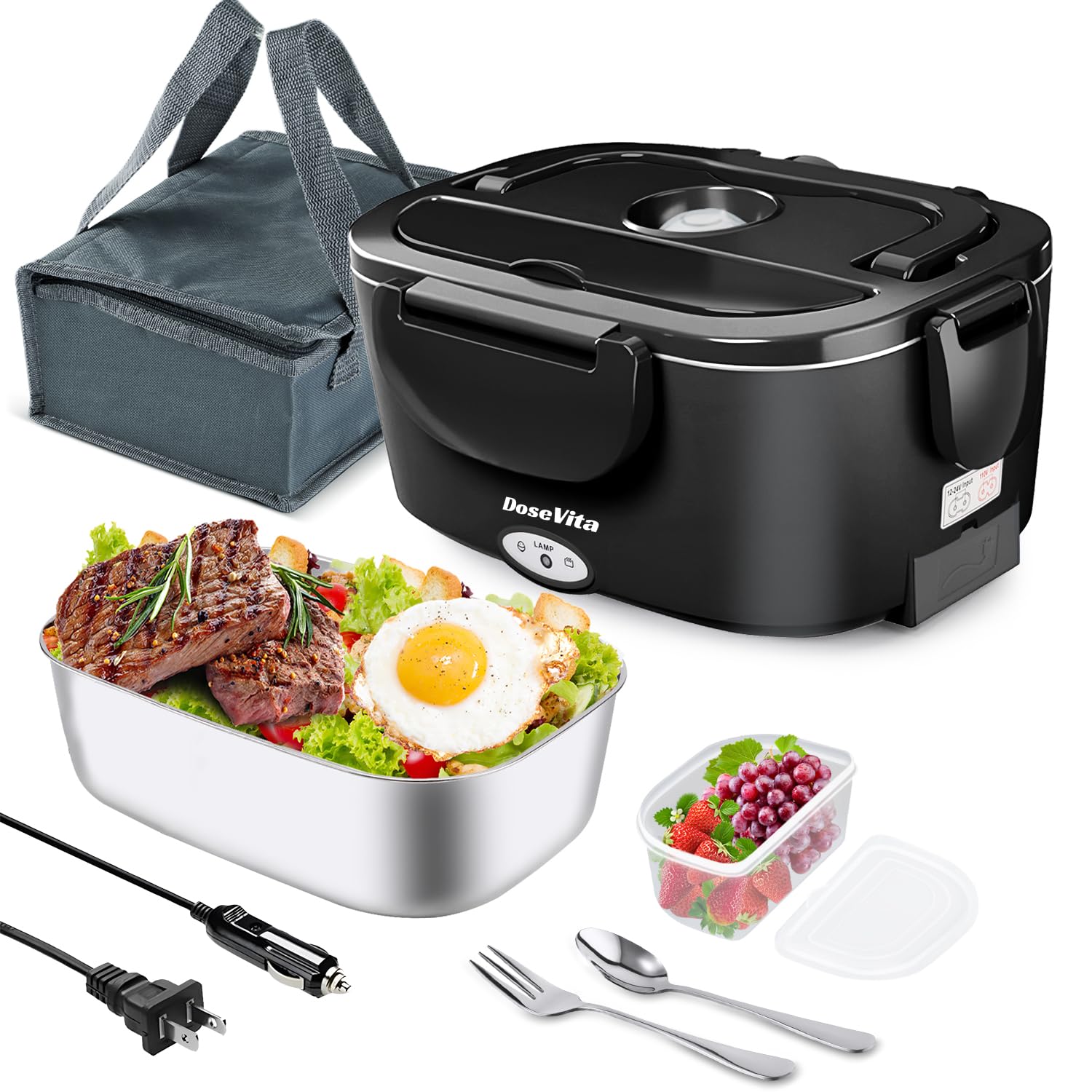 Electric Lunch Box for Adults, 80W Heated Lunch Box 1.5L 304 Stainless Steel Portable Food Warmer,12/24/110V Lonchera Eléctrica Portátil for Car, Truck, Work, Travel