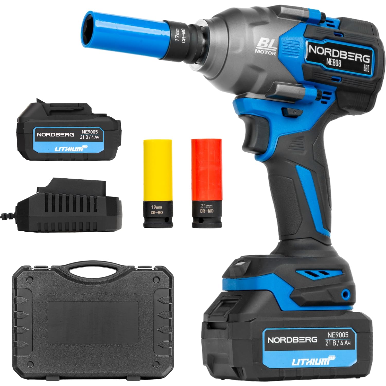 NORDBERG Cordless Impact Wrench 1/2” NE808K Max Torque 1200 Nm Heavy duty professional type with 2 Battery 4.0AH,Fast Charger, 3 Sockets & Storage Case