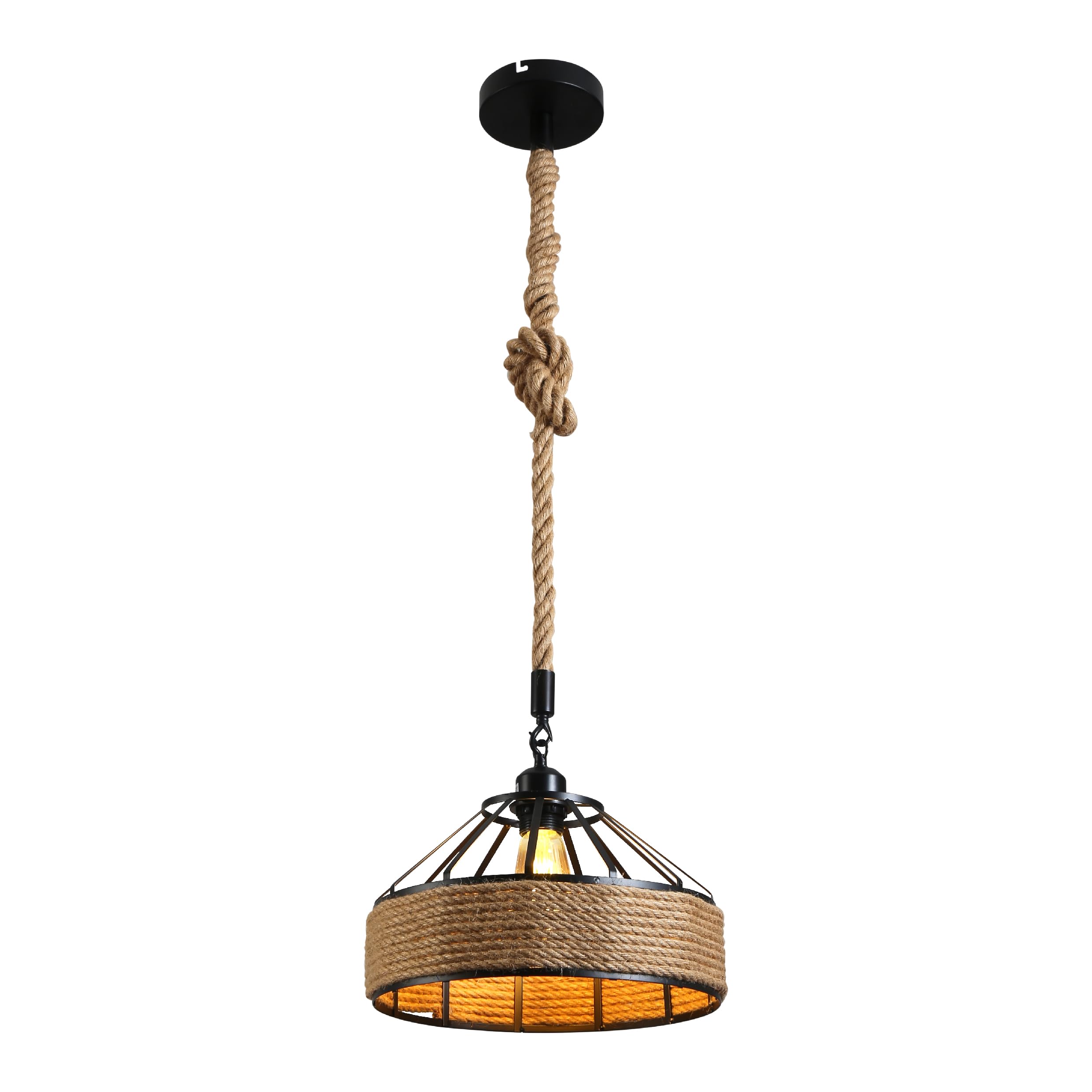 TEKLED Black Metal Hemp Rope Cage Pendant Light | Rustic Decorative Lighting | Adjustable Hemp Rope Ceiling Light | for Living Rooms Kitchens Coffes Restaurants | E27- D400mm (Bulb not Included)