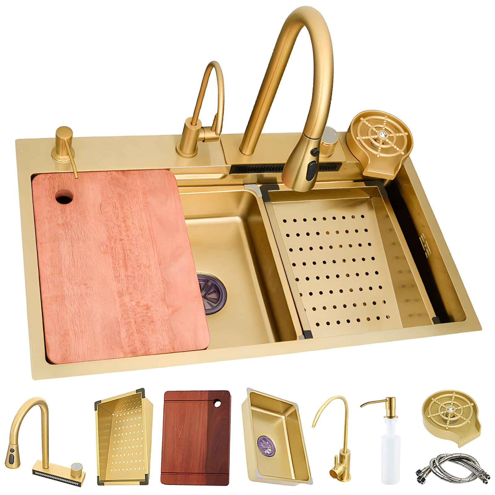 YADZISW Multifunctional Golden Kitchen Sink - Ergonomic Workstation Single Bowl Waterfall Dishwasher with Multiple Accessories for Household Use