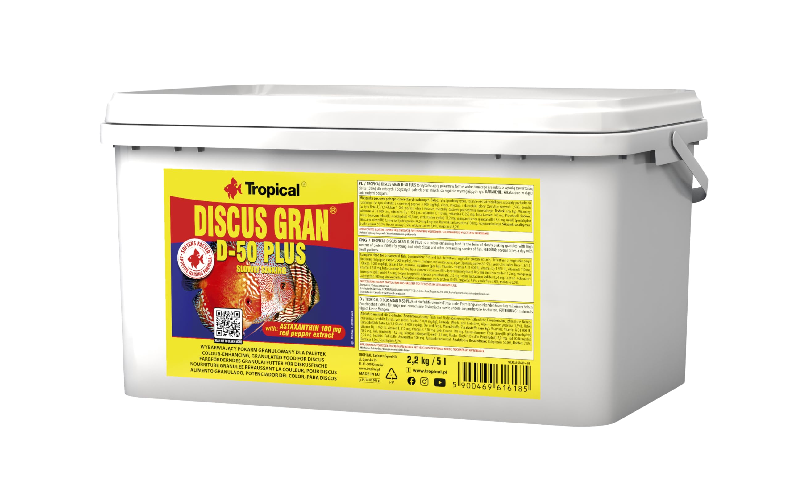 Tropical Discus Gran D-50 Plus 5L / 2,2kg - Alimento granulado, potenciador del Color, para Peces Disco