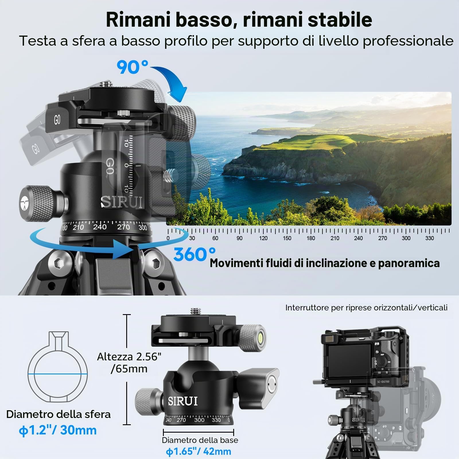 SIRUI Treppiede da Viaggio in Fibra di Carbonio, 127cm Treppiede Compatto e Leggero con 360° Testa a Sfera a Basso Profilo con Piastra a Sgancio Rapido per Arca, Carico Fino a 6kg, AM-225S+G0