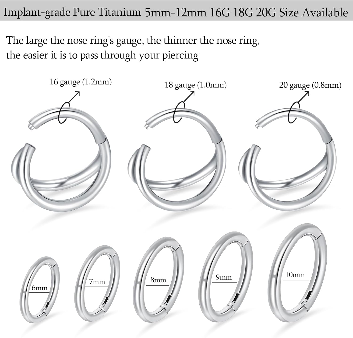 2Pcs Titanium Nose Rings Hoop 20G 18G 16G Double Hoop Nose Ring Diameter 6mm to 10mm Cartilage Helix Daith Rook Earring Hinged Septum Segment Ring Clicker Piercing Silver-Gold-Rose Gold-Black - Image 2