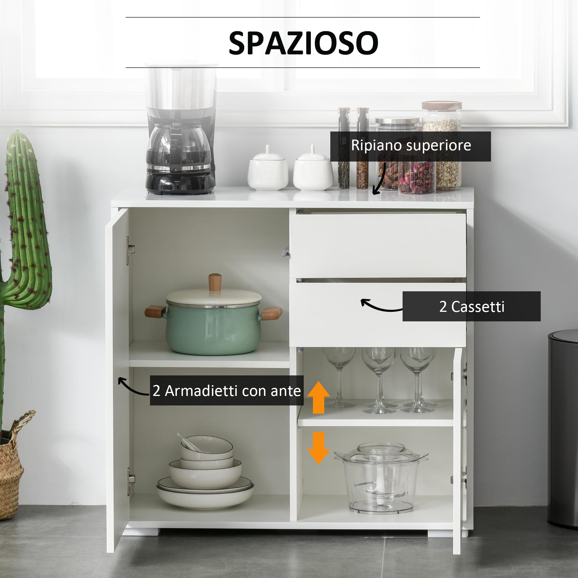 HOMCOM Mobiletto 2 Cassetti e 2 Ante, Apertura a Pressione, Mobile con 2 Cassetti e 2 Ante per Casa e Ufficio, 79x36x74cm, Bianco Opaco