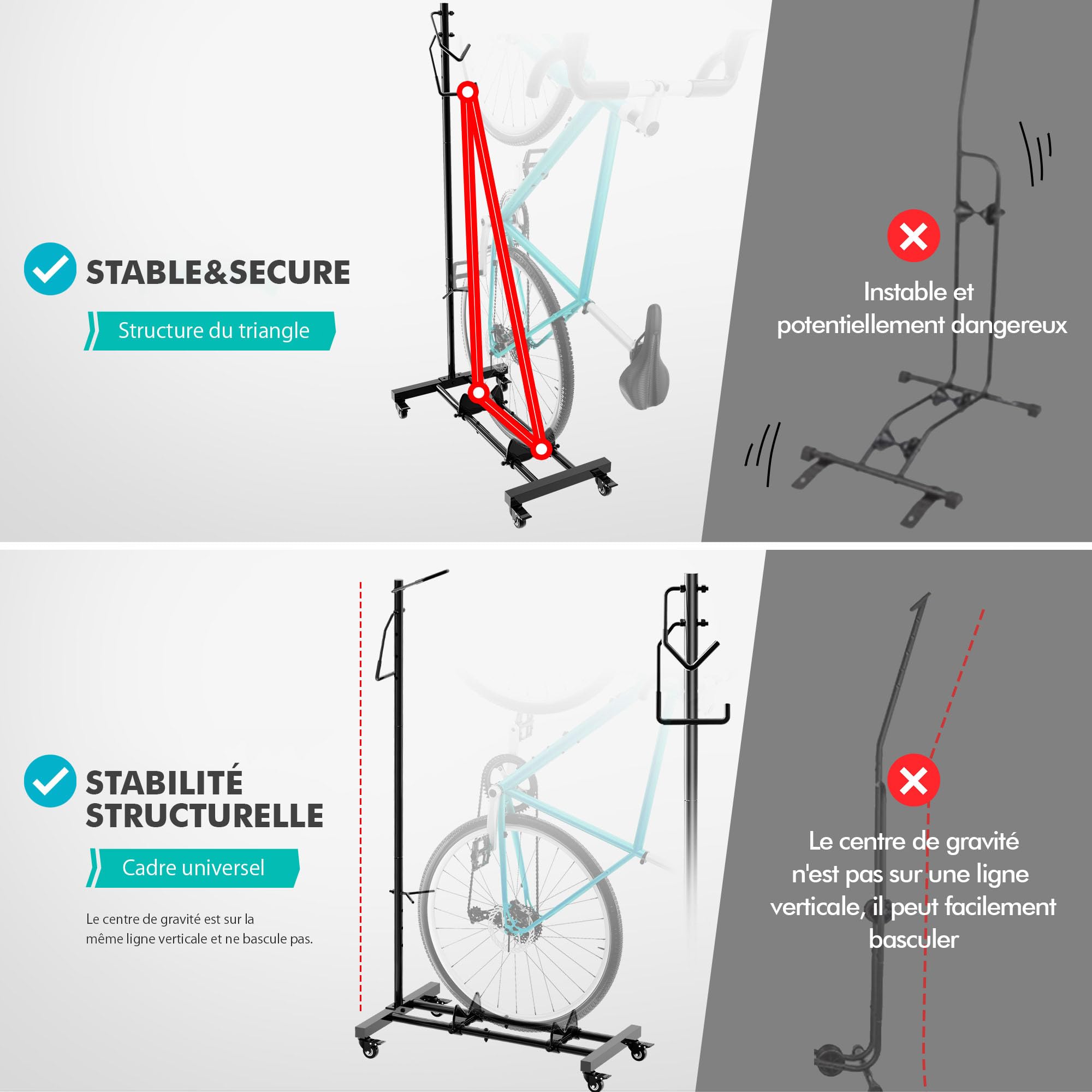 Mimoke Support de vélo avec roulettes - Pour VTT et vélos de route jusqu'à 29 pouces - Hauteur réglable - Peu encombrant - Idéal pour les appartements | Hauteur réglable, rangement vertical peu encombrant pour garage et appartement