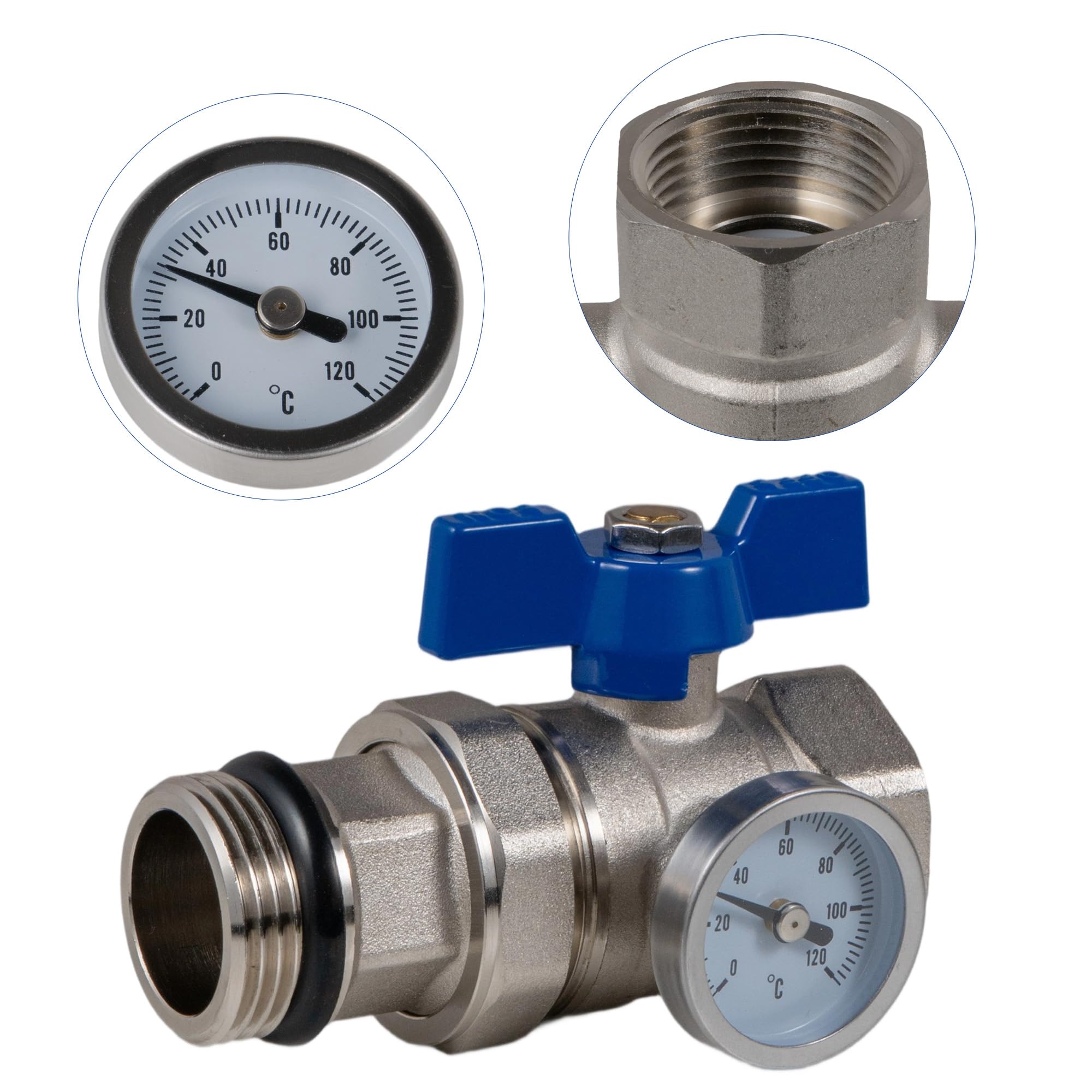 VANCOCO Kugelhahn Set mit Thermometer 1 Zoll Messing, selbstdichtende Verschraubung für Heizkreisverteiler und Fußbodenheizung