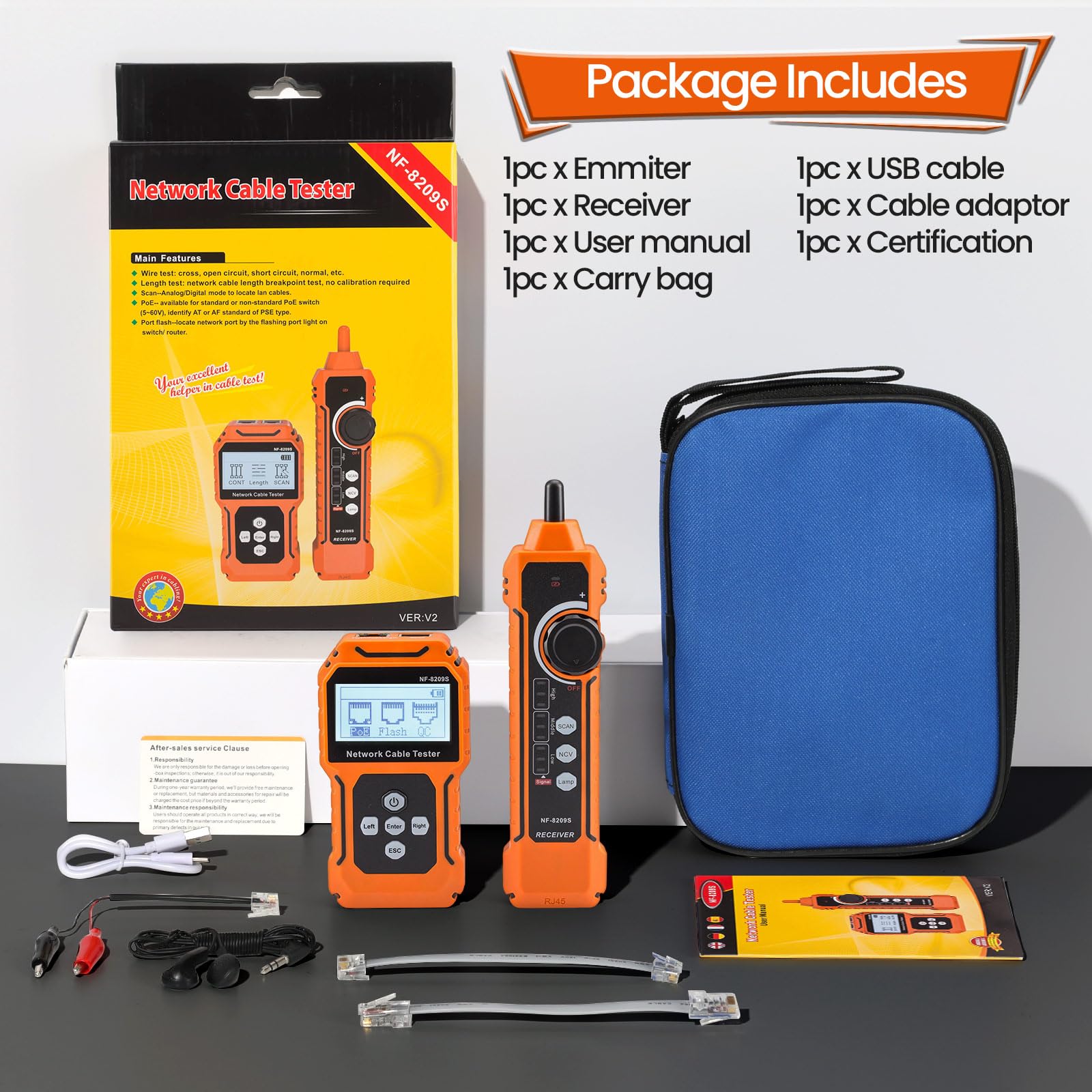 NF-8209S Netzwerkkabeltester mit PoE, Kabellängenmessung, Port-Blinkfunktion, RJ11/RJ45-Kabeltester, CAT5/CAT6-LAN-Netzwerktester, multifunktionale Anti-Interferenz-Scanmodi, Kabelverfolgung