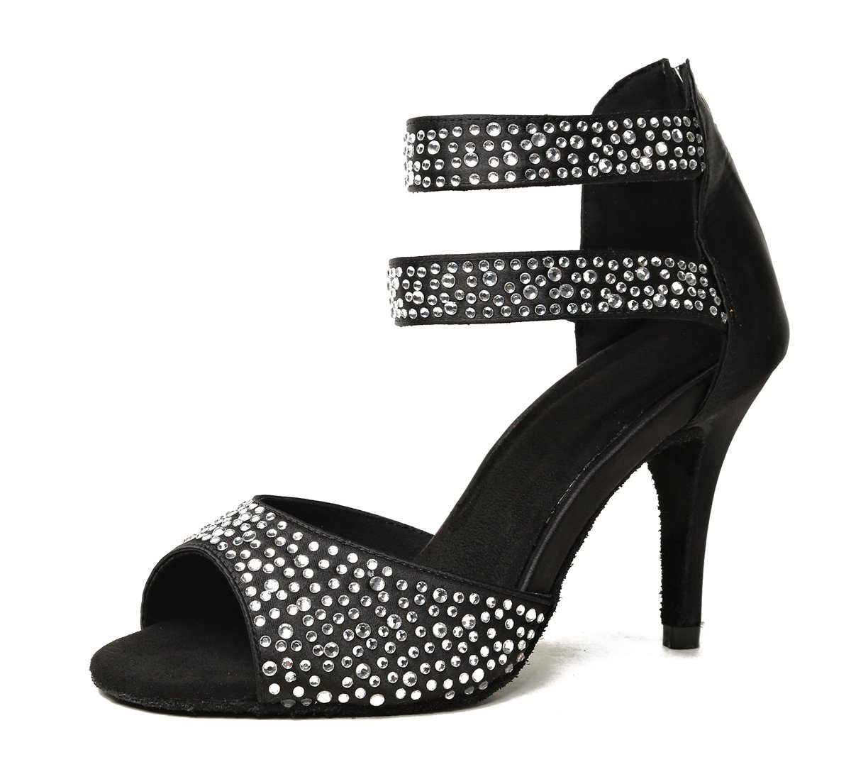 Minishion GL252 Women's Ankle Strap Crystals Sparkling Black Satin Salsa Latin Dance Shoes Formal Party Sandals US 4