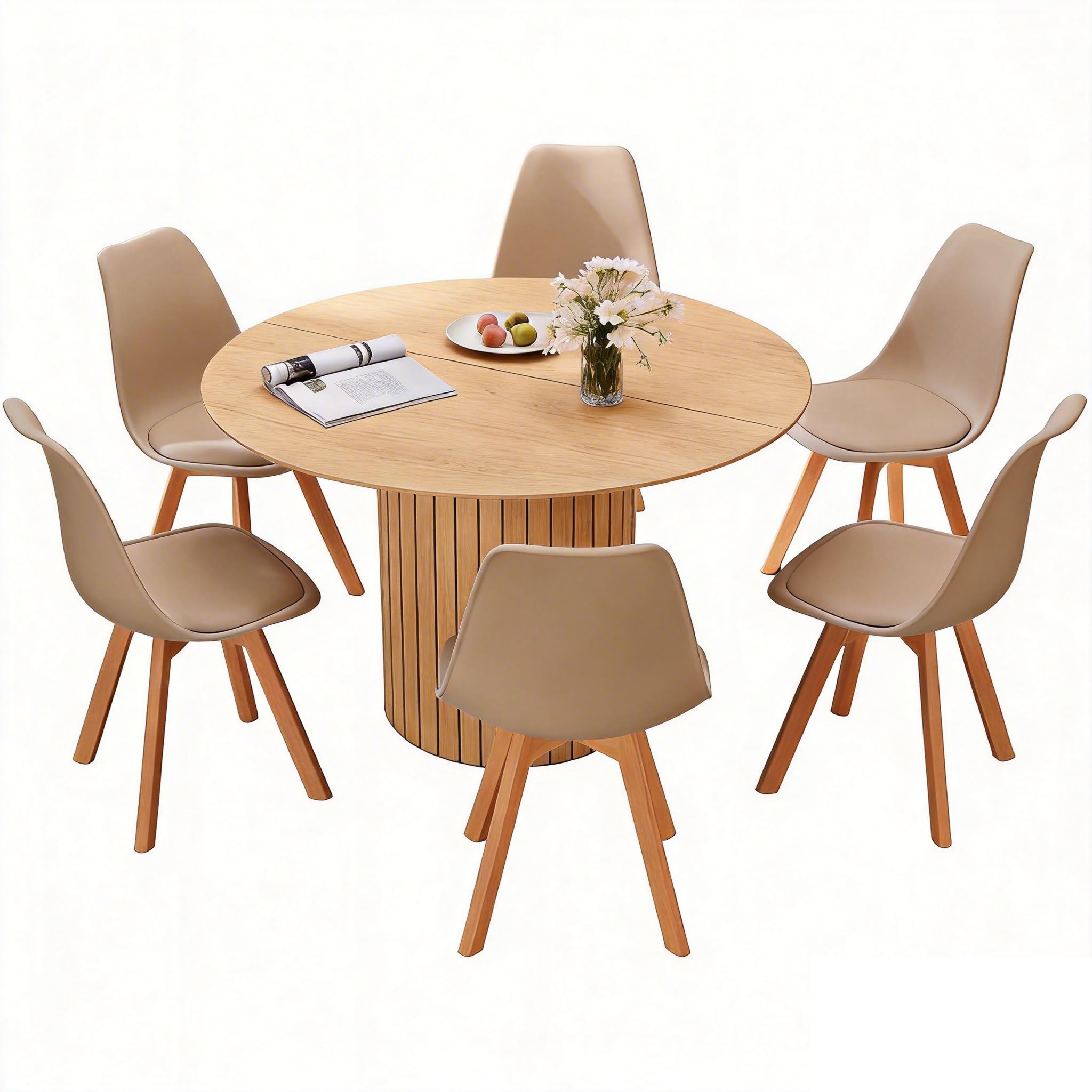 Tavolo da Pranzo Rotondo da 120 cm con 6 Sedie da Pranzo, Tavolo da cucina con Base in legno, Sedie da Cucina con Schienale in Plastica, per 4-6 Persone,Marrone Chiaro+cachi