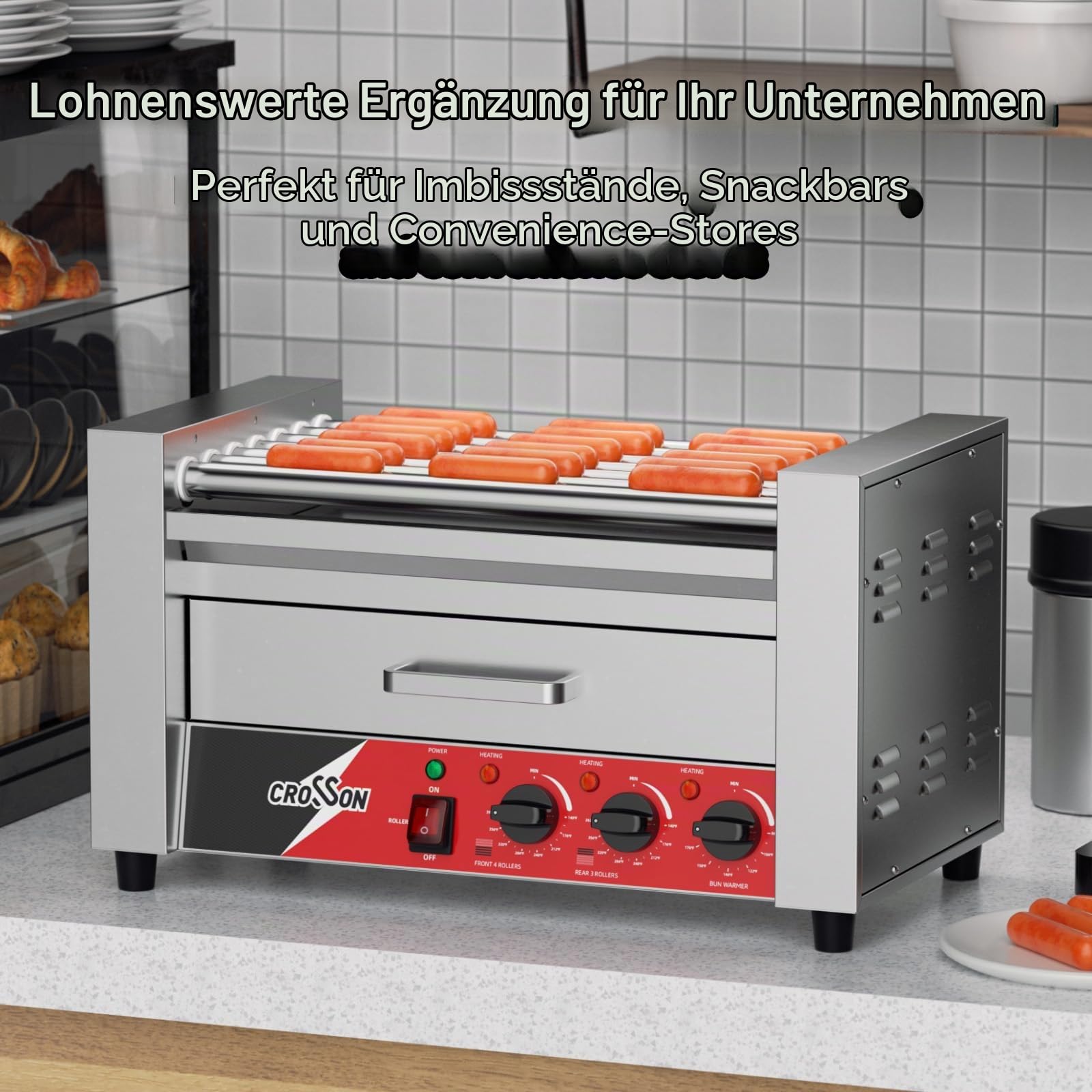 CROSSON 2 in 1 Profi Hot Dog Grill,7 Rollen Edelstahl Hot Dog Machine Elektrogrill 1350W mit Brötchenwärmer,Dual-Temp-Steuerung