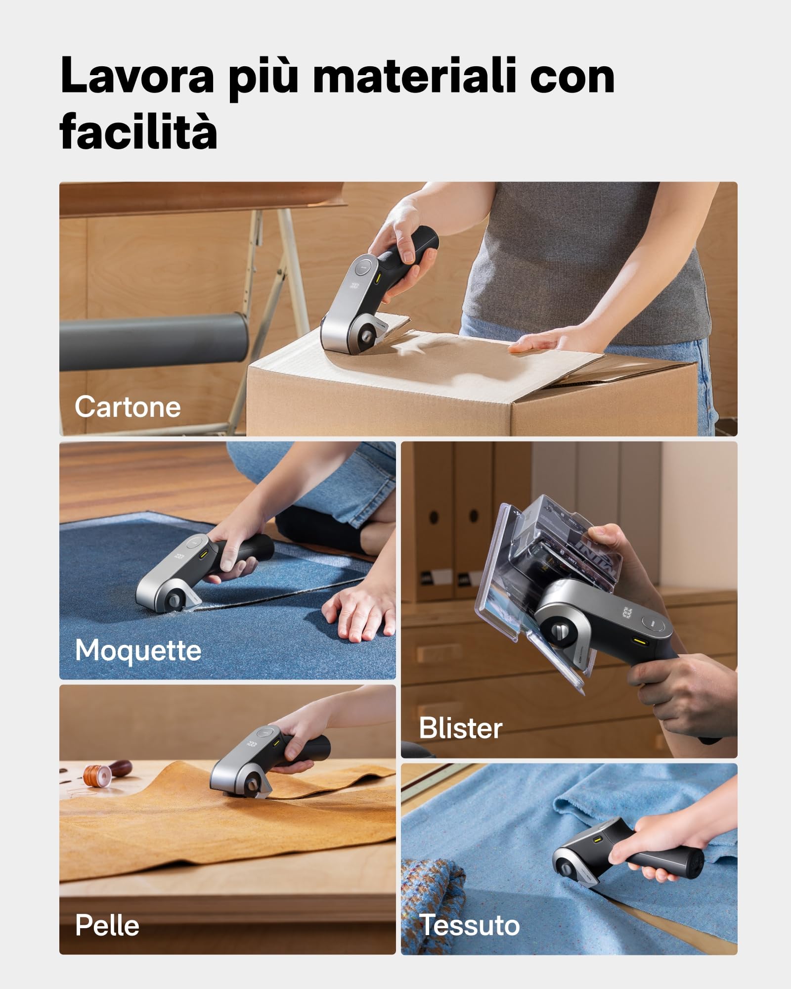 HOTO EdgeFlow Forbici Elettriche Senza Fili, Taglio Rotante per Cartone, Lama in Titanio, luce LED, Sistema Autoaffilante, Sostituzione Lama Senza Attrezzi, per Cartone, Tappeti e Pelle