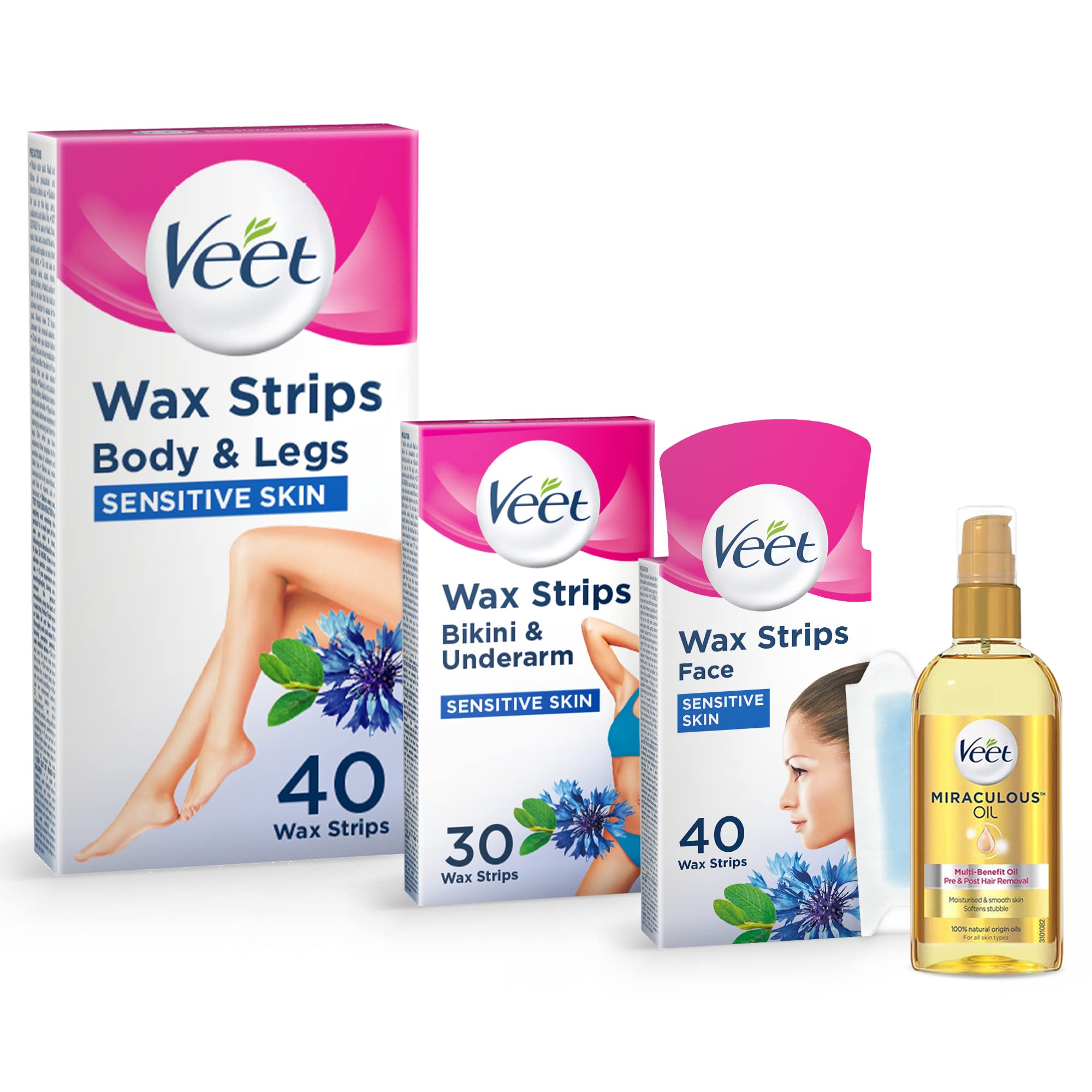 VeetMultiproduct Sensitive Skin Cold Wax Kit, Body, Bikini and Face, with Miraculous Pre and Post Hair Removal Oil
