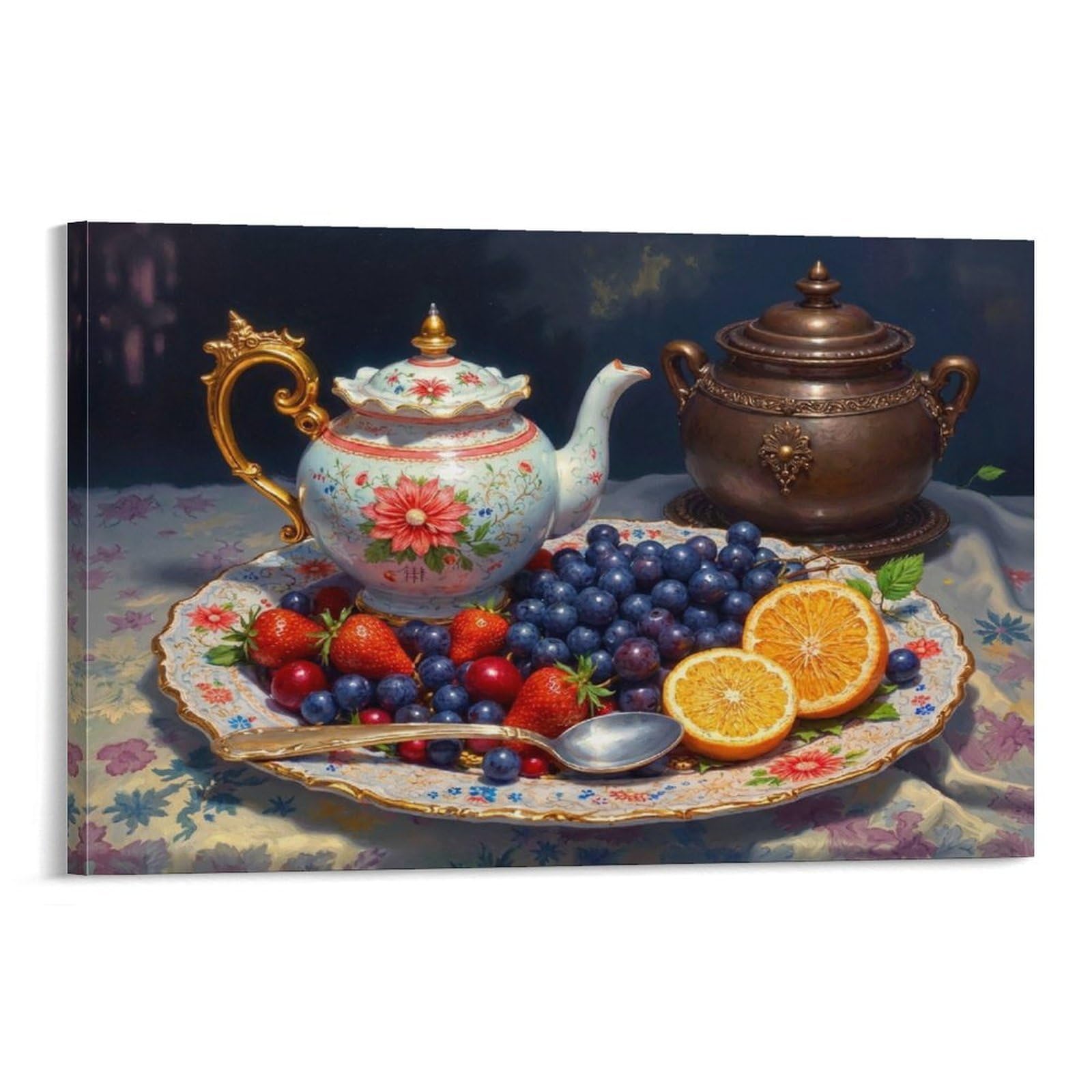 CPLVKWRQJ Vintage Tea Set Still Life Single Still Life with Tea And Fruits Canvas Wall Art - Gift for Her/Him Living Room Focal Point Ready to Hang Decor 20x30inch(50x75cm)