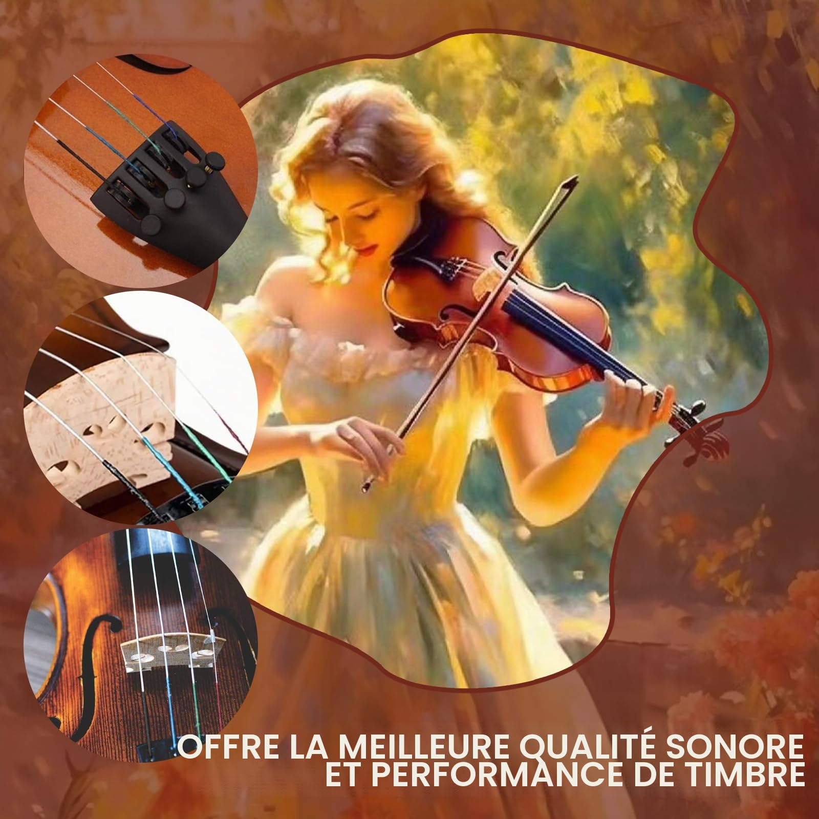 QGK Ensembles Cordes Violo (E-A-D-G) pour Violons 4/4, 3/4, 1/2, Avec Chevalet de Violon, cordes de violon universelles Jeu complet de cordes en acier à âme