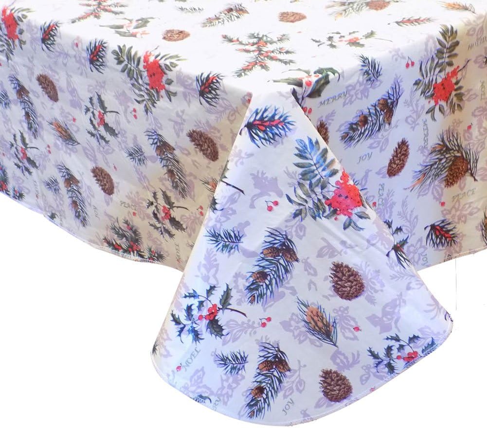 Holly and Pine Cones Holiday Flannel-Backed Vinyl (PEVA) Tablecloth, 60 Inches x 84 Inches Oblong