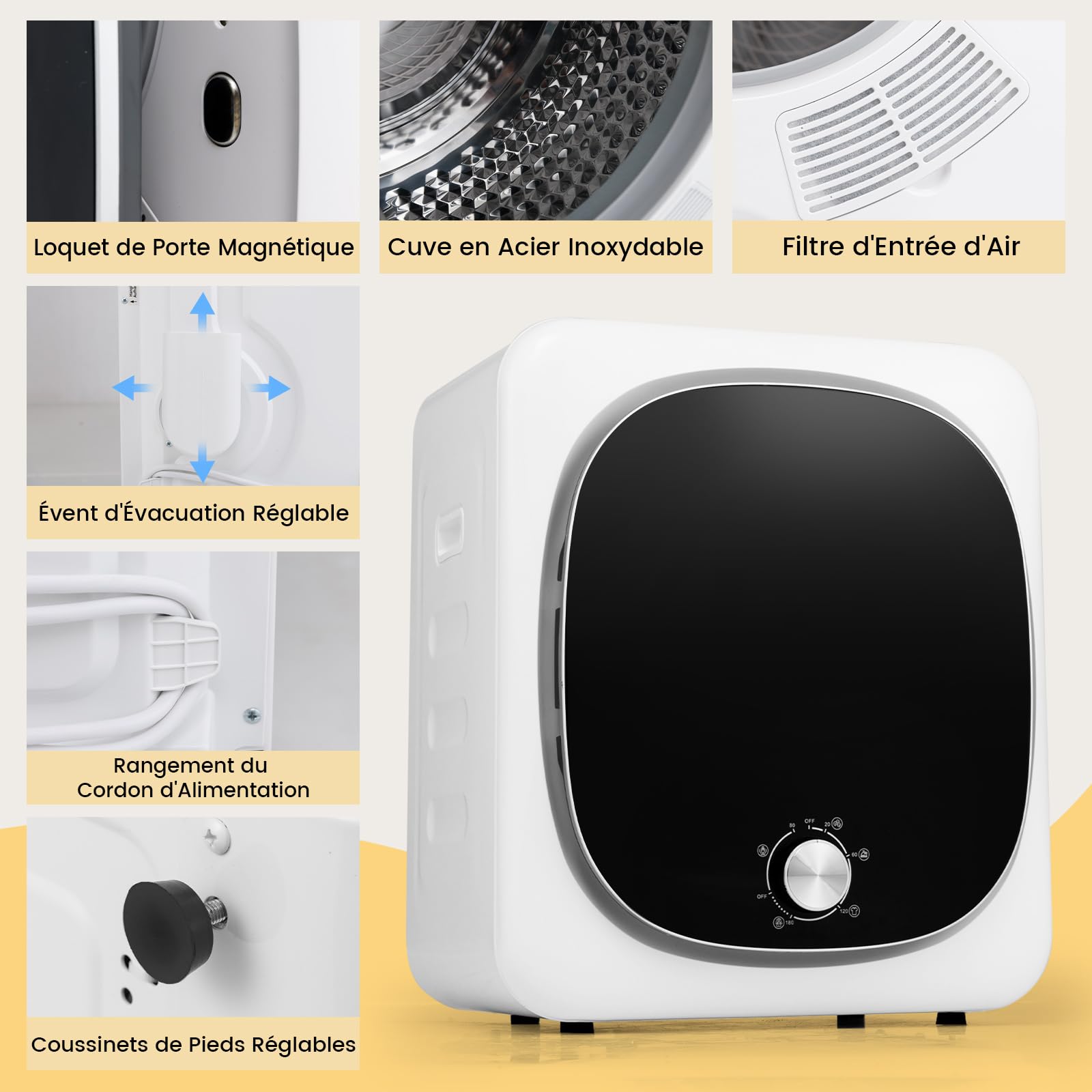 GOPLUS Sèche Linge 4KG 800W 5 Programmes Évacuation Protection Surchauffe Filtration Multiple Électrique