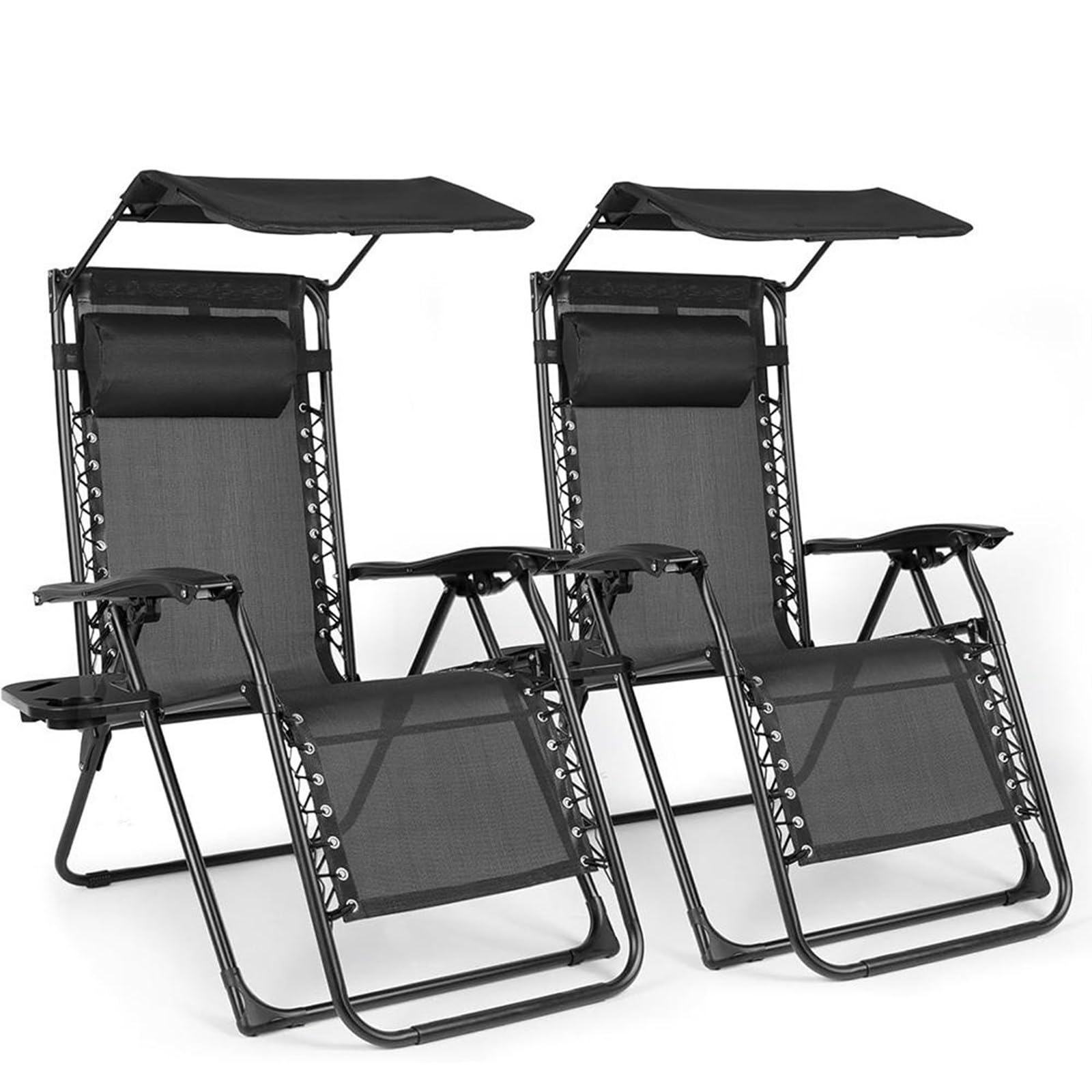 BIRCHTREE Set of 2 Zero Gravity Recliner Chairs with Canopy, Cup Holder, Adjustable Garden Sun Loungers, Foldable Outdoor Reclining Chairs for Patio, Balcony, SR06, Black