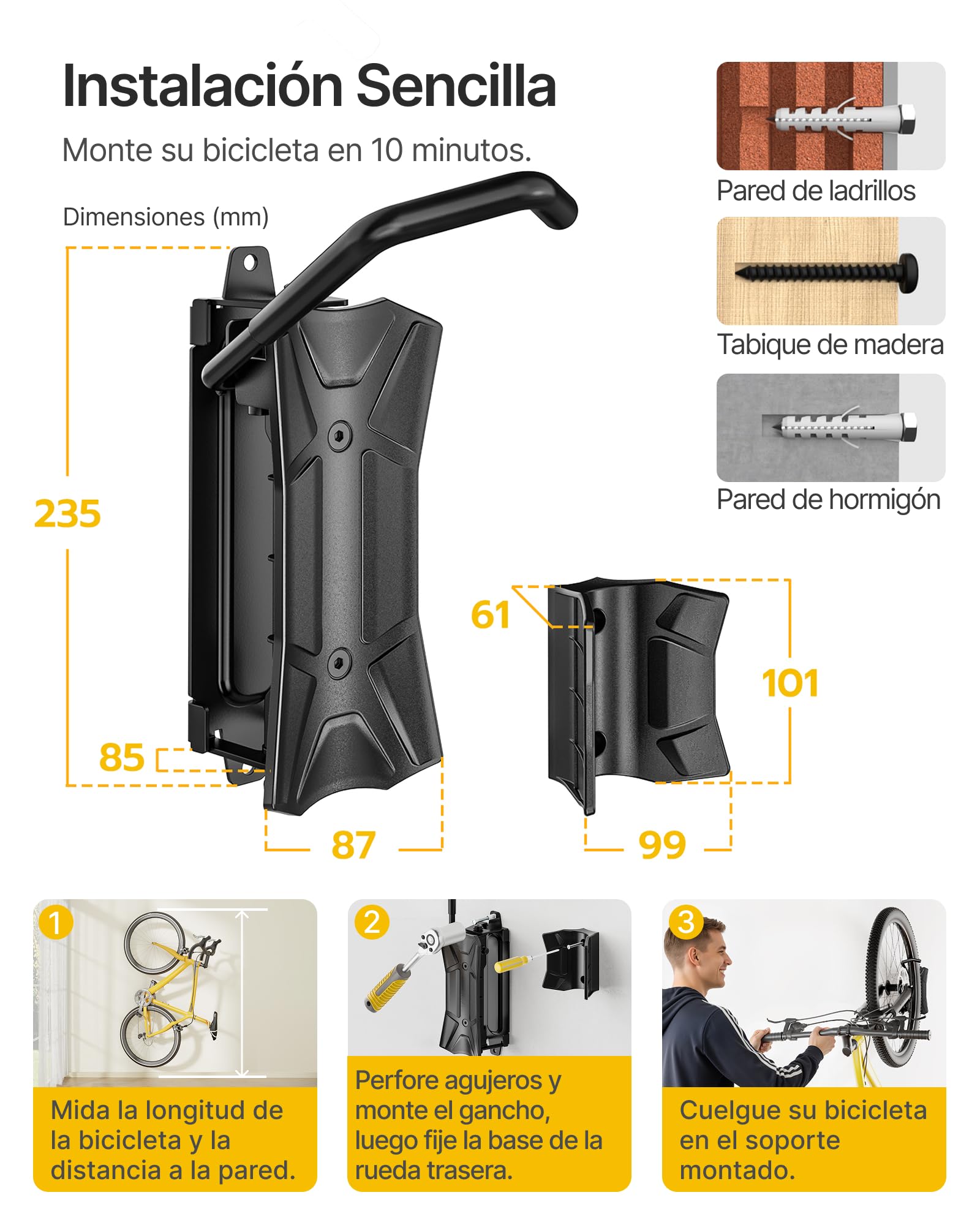 monTEK Soporte de Pared Giratorio para Bicicleta, Soporte Vertical de Pared para Bicicletas hasta 35 kg, Colgador Bicicleta Pared Plegable, Soporte de Bicicletas Ahorra Espacio para Garaje, 2 Paquete